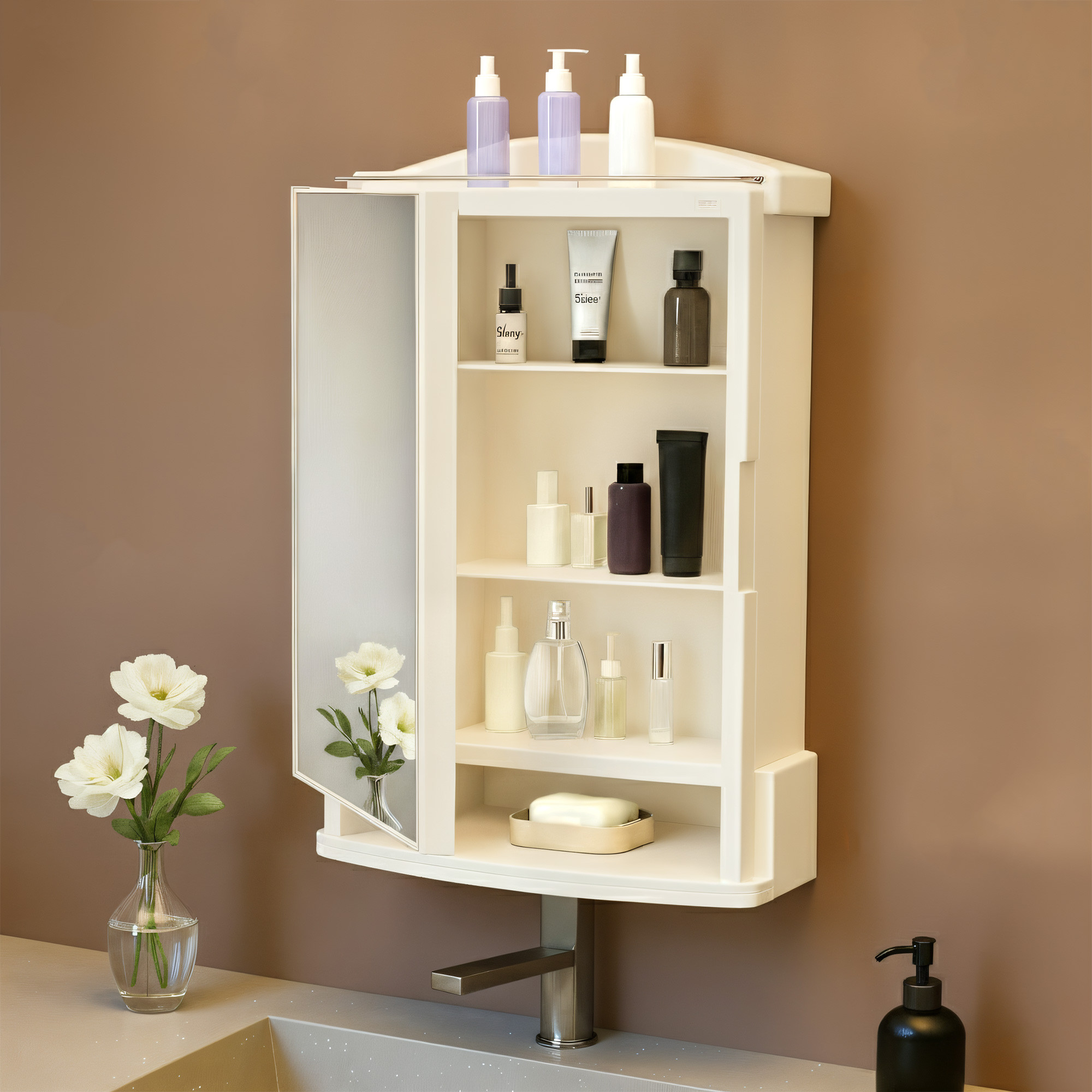 Kuber Industries Plastic Bathroom Mirror with Cabinet Storage Organiser  Multiple Compartment Washroom Shelves Wall Mounted  Ample Drawer Capacity for Personal Care Items  Ivory