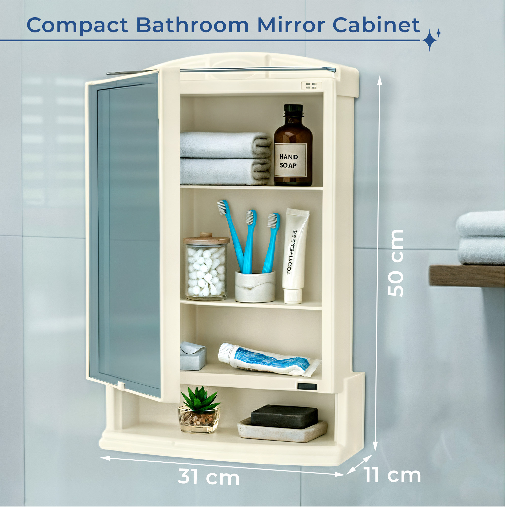 Kuber Industries Plastic Bathroom Mirror with Cabinet Storage Organiser  Multiple Compartment Washroom Shelves Wall Mounted  Ample Drawer Capacity for Personal Care Items  Ivory