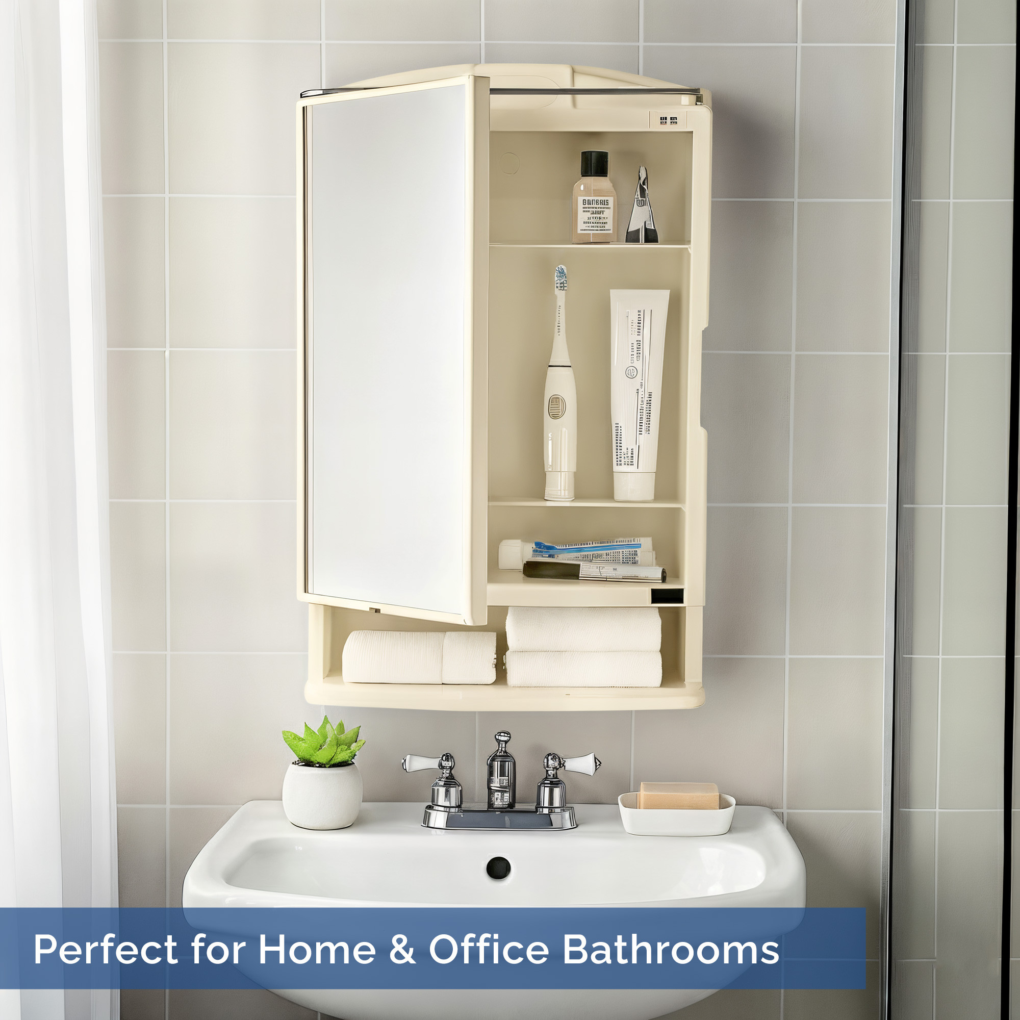 Kuber Industries Plastic Bathroom Mirror with Cabinet Storage Organiser  Multiple Compartment Washroom Shelves Wall Mounted  Ample Drawer Capacity for Personal Care Items  Ivory