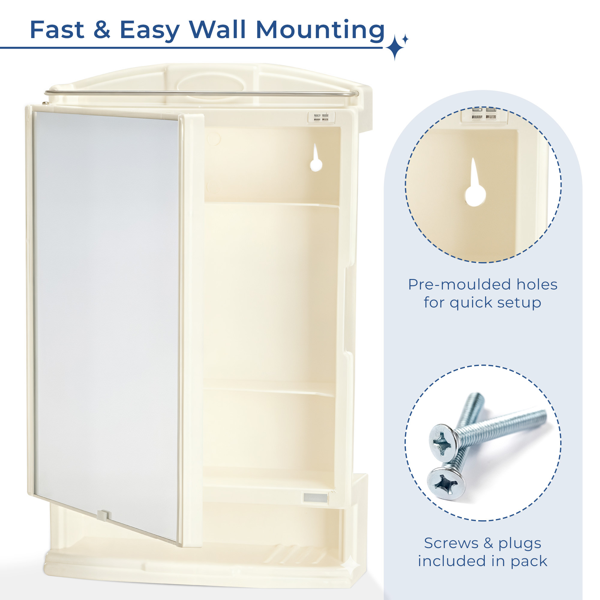 Kuber Industries Plastic Bathroom Mirror with Cabinet Storage Organiser  Multiple Compartment Washroom Shelves Wall Mounted  Ample Drawer Capacity for Personal Care Items  Ivory