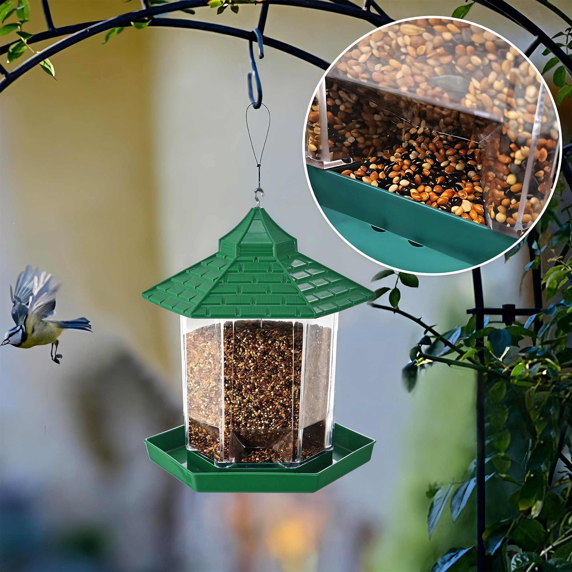 Kuber Industries Plastic Birds Feeder for Balcony with Transparent Grain Holder 360 Perch  1 Mtr Stainless Steel Wire  Hanging Bird Food Feeder for Cage Outdoor and Gardens  Green