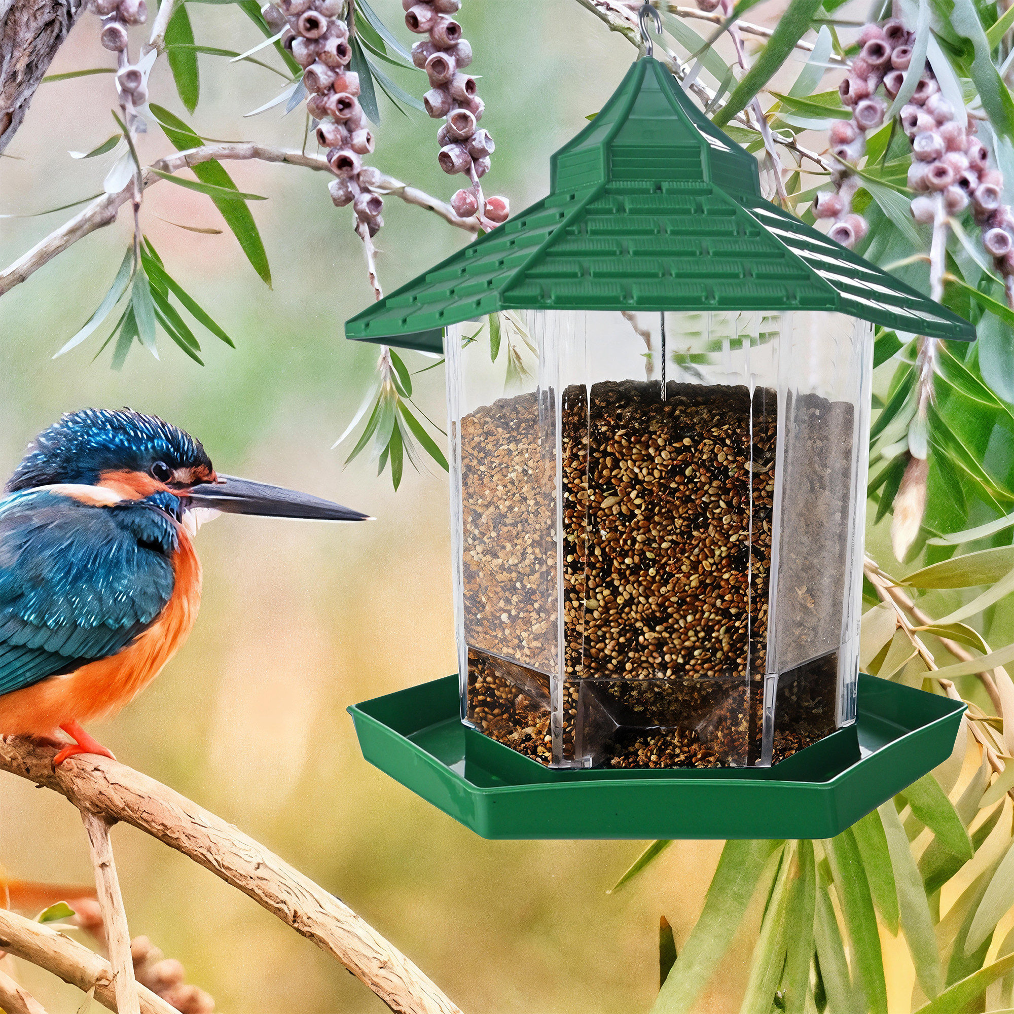 Kuber Industries Plastic Birds Feeder for Balcony with Transparent Grain Holder 360 Perch  1 Mtr Stainless Steel Wire  Hanging Bird Food Feeder for Cage Outdoor and Gardens  Green