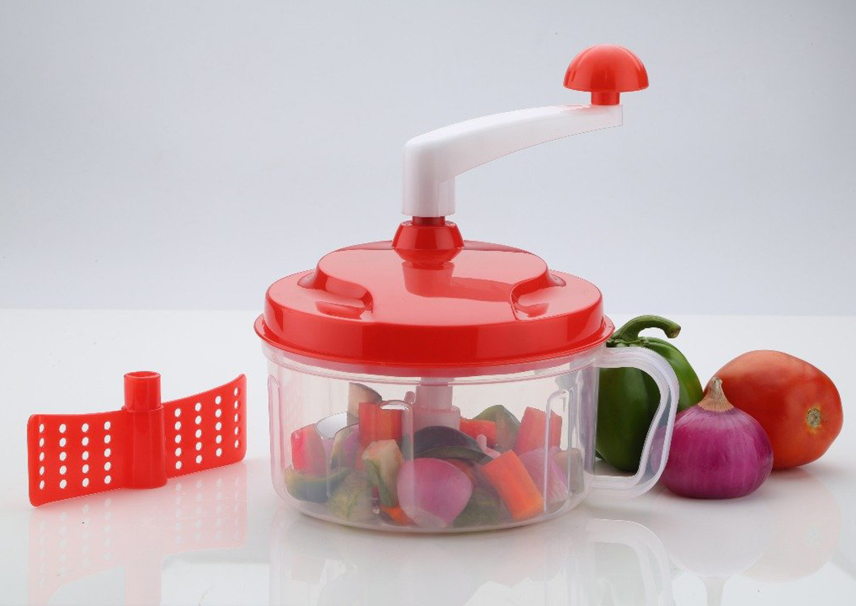 Kuber Industries Plastic ChopNchurn/ 2 in 1 Vegetable and Fruit Chopper with Beating Blade,Churner,Grater, Slicer /Lassi Maker,Red