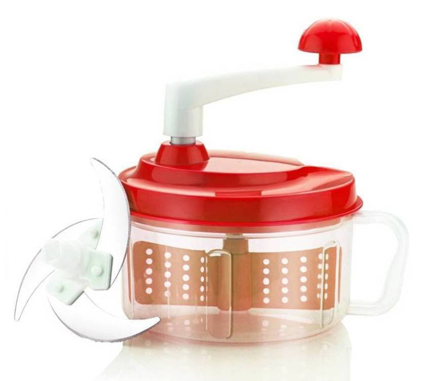 Kuber Industries Plastic ChopNchurn/ 2 in 1 Vegetable and Fruit Chopper with Beating Blade,Churner,Grater, Slicer /Lassi Maker,Red