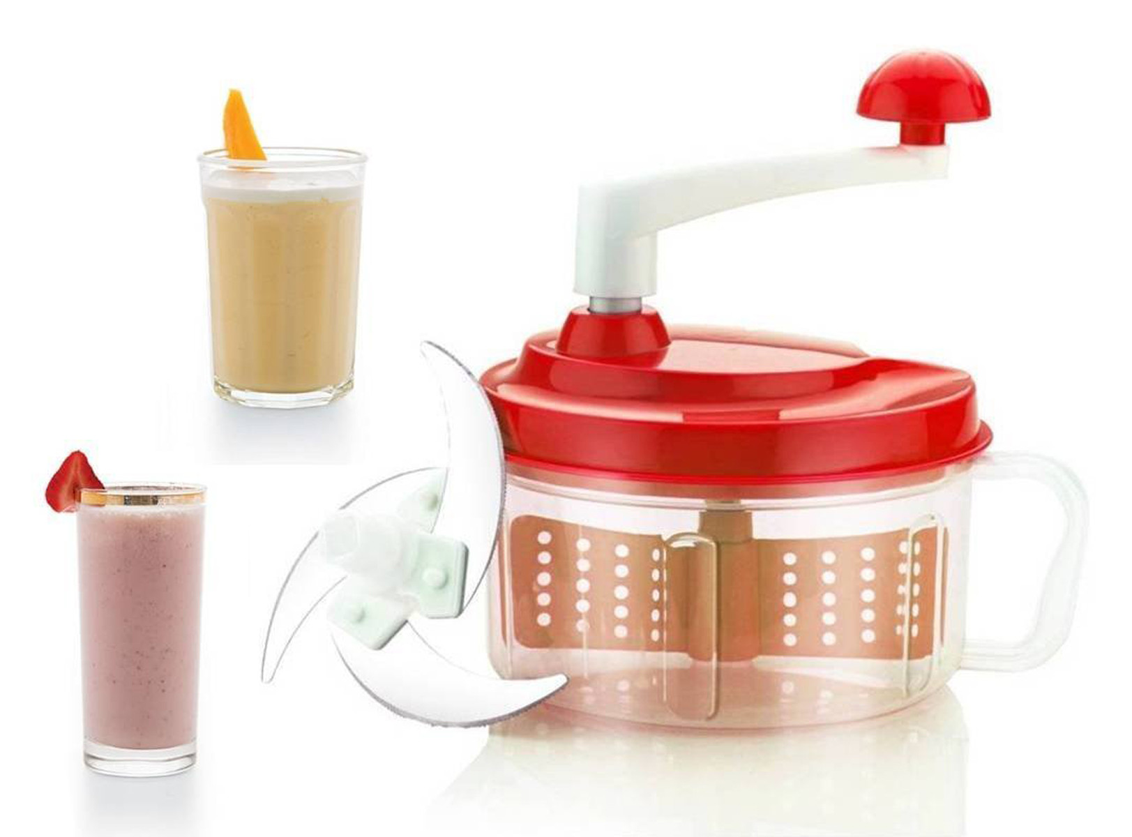 Kuber Industries Plastic ChopNchurn/ 2 in 1 Vegetable and Fruit Chopper with Beating Blade,Churner,Grater, Slicer /Lassi Maker,Red