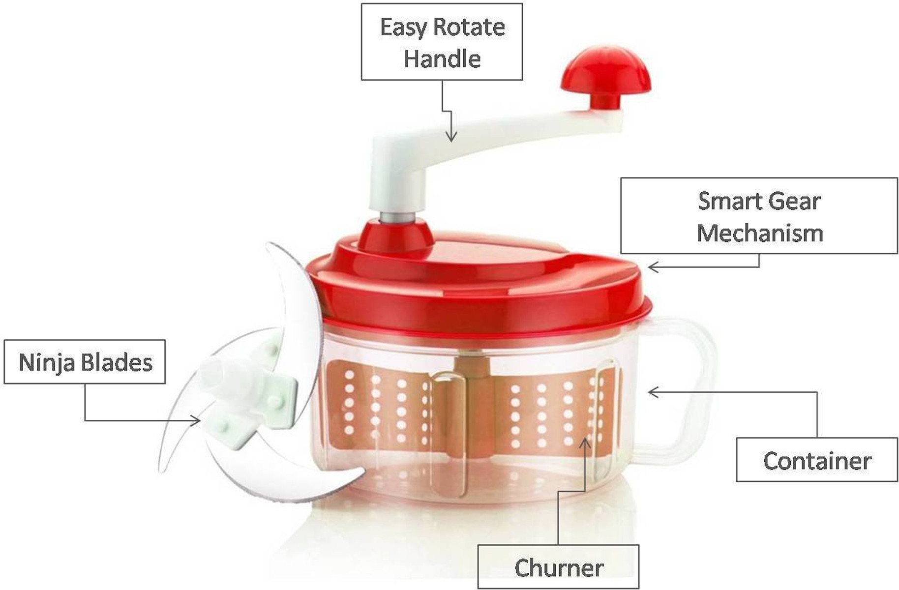 Kuber Industries Plastic ChopNchurn/ 2 in 1 Vegetable and Fruit Chopper with Beating Blade,Churner,Grater, Slicer /Lassi Maker,Red