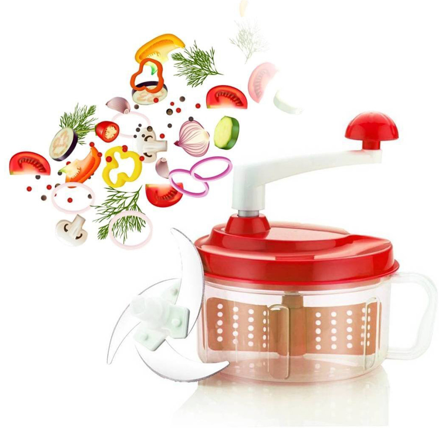 Kuber Industries Plastic ChopNchurn/ 2 in 1 Vegetable and Fruit Chopper with Beating Blade,Churner,Grater, Slicer /Lassi Maker,Red