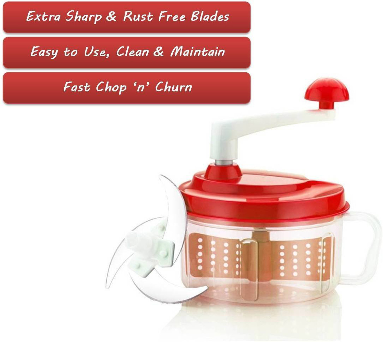 Kuber Industries Plastic ChopNchurn/ 2 in 1 Vegetable and Fruit Chopper with Beating Blade,Churner,Grater, Slicer /Lassi Maker,Red