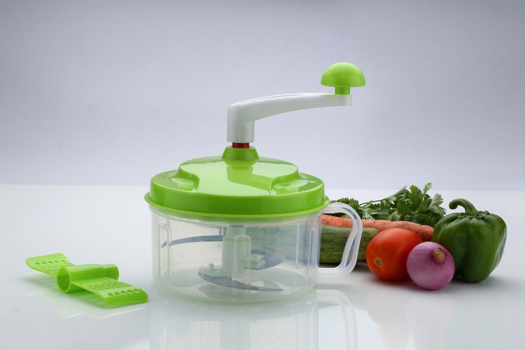 Kuber Industries Plastic ChopNchurn/ 2 in 1 Vegetable and Fruit Chopper with Beating Blade,Churner,Grater, Slicer /Lassi Maker,Green