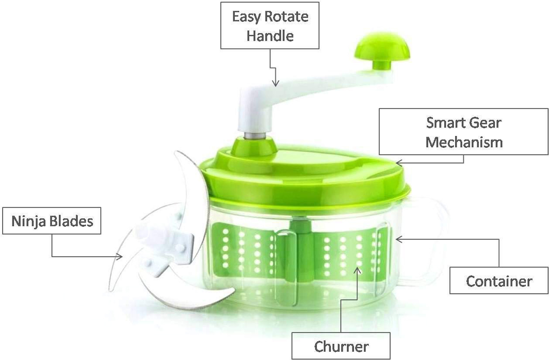 Kuber Industries Plastic ChopNchurn/ 2 in 1 Vegetable and Fruit Chopper with Beating Blade,Churner,Grater, Slicer /Lassi Maker,Green