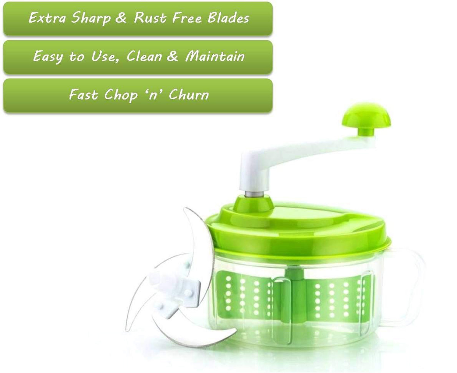 Kuber Industries Plastic ChopNchurn/ 2 in 1 Vegetable and Fruit Chopper with Beating Blade,Churner,Grater, Slicer /Lassi Maker,Green