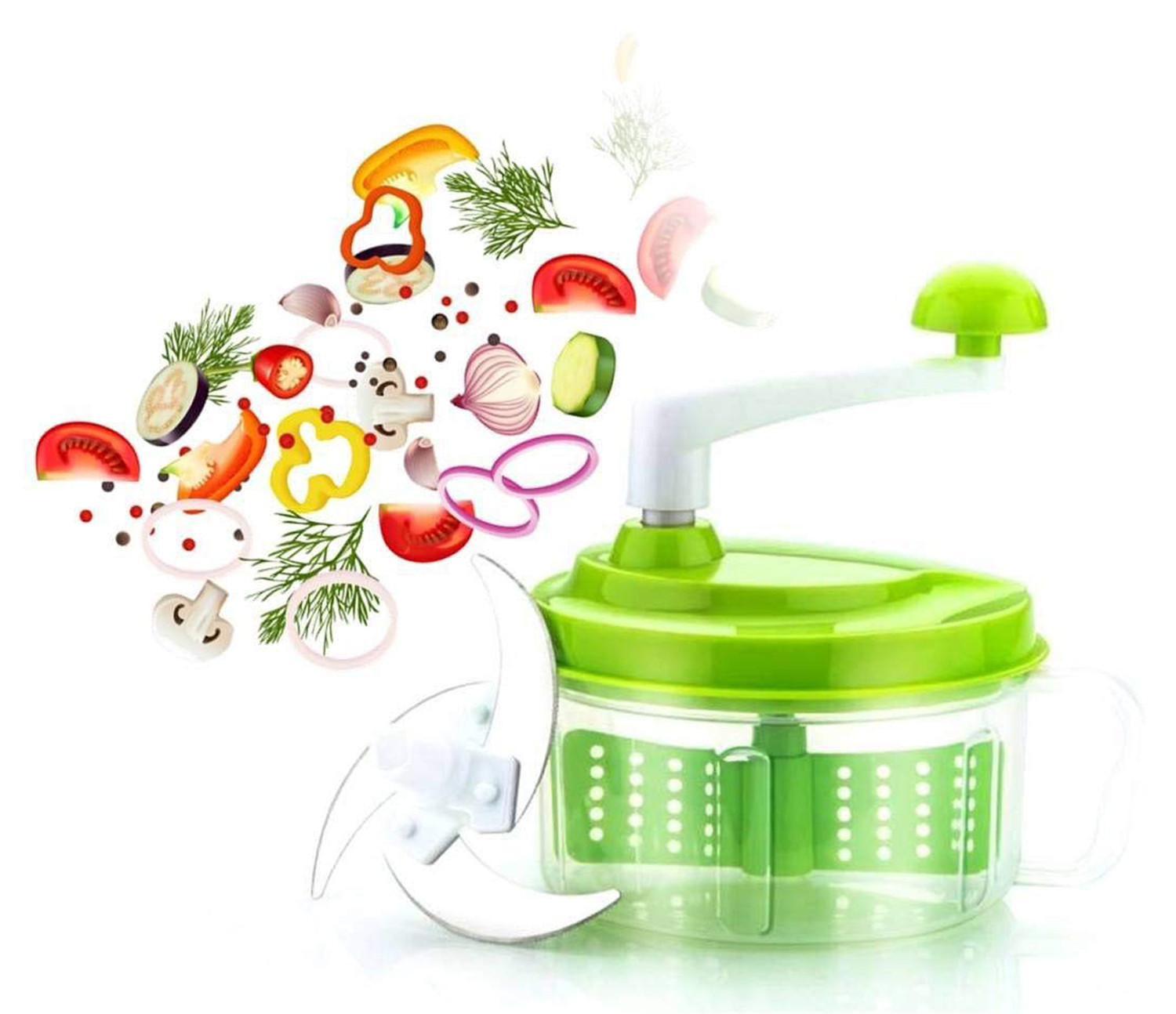 Kuber Industries Plastic ChopNchurn/ 2 in 1 Vegetable and Fruit Chopper with Beating Blade,Churner,Grater, Slicer /Lassi Maker,Green