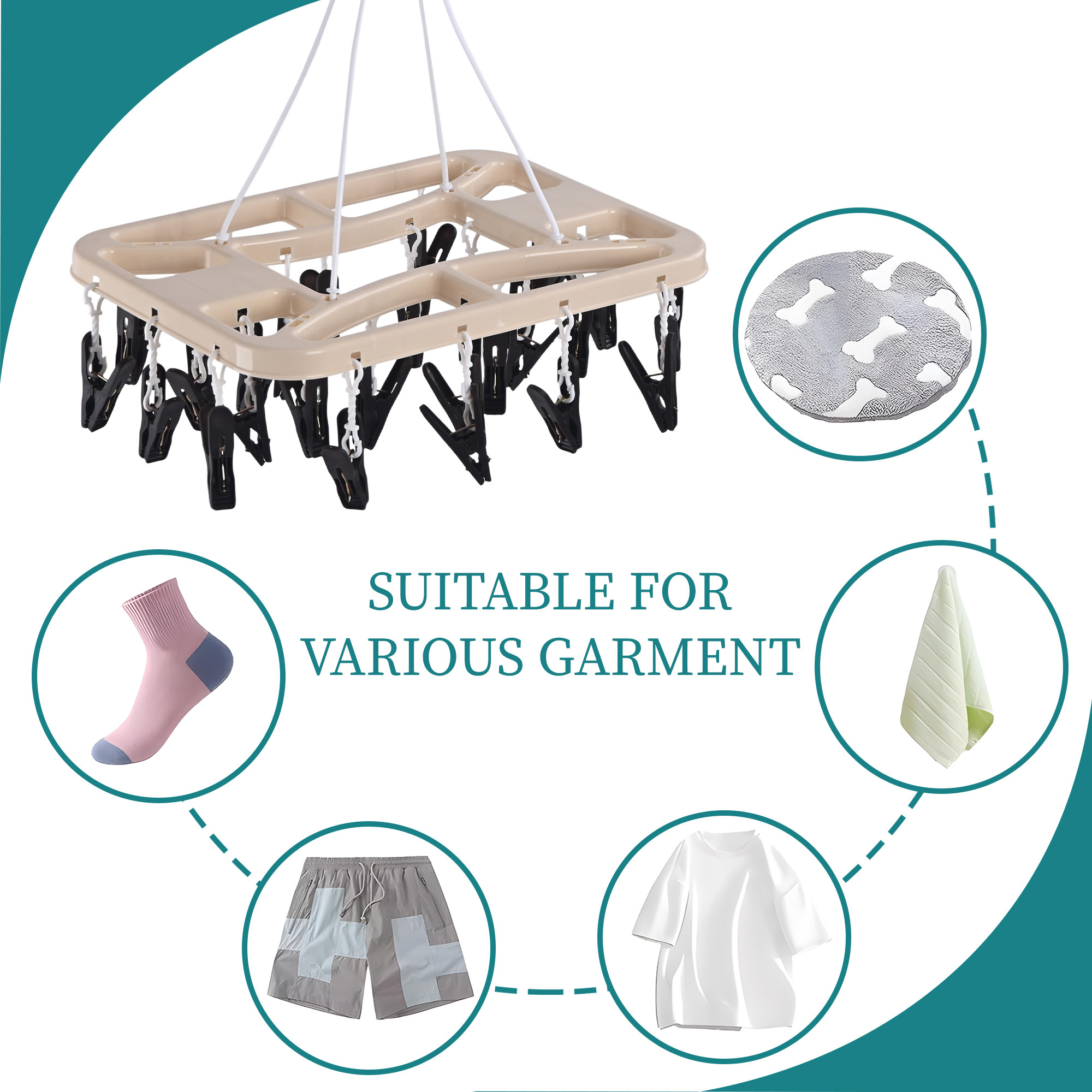 Kuber Industries Plastic Cloth Drying Hanger with Clips 28  360 Rotating  Balcony Laundry Hangers Stand for Drying Clothes Baby Cloth SocksHankerchiefs  Beige
