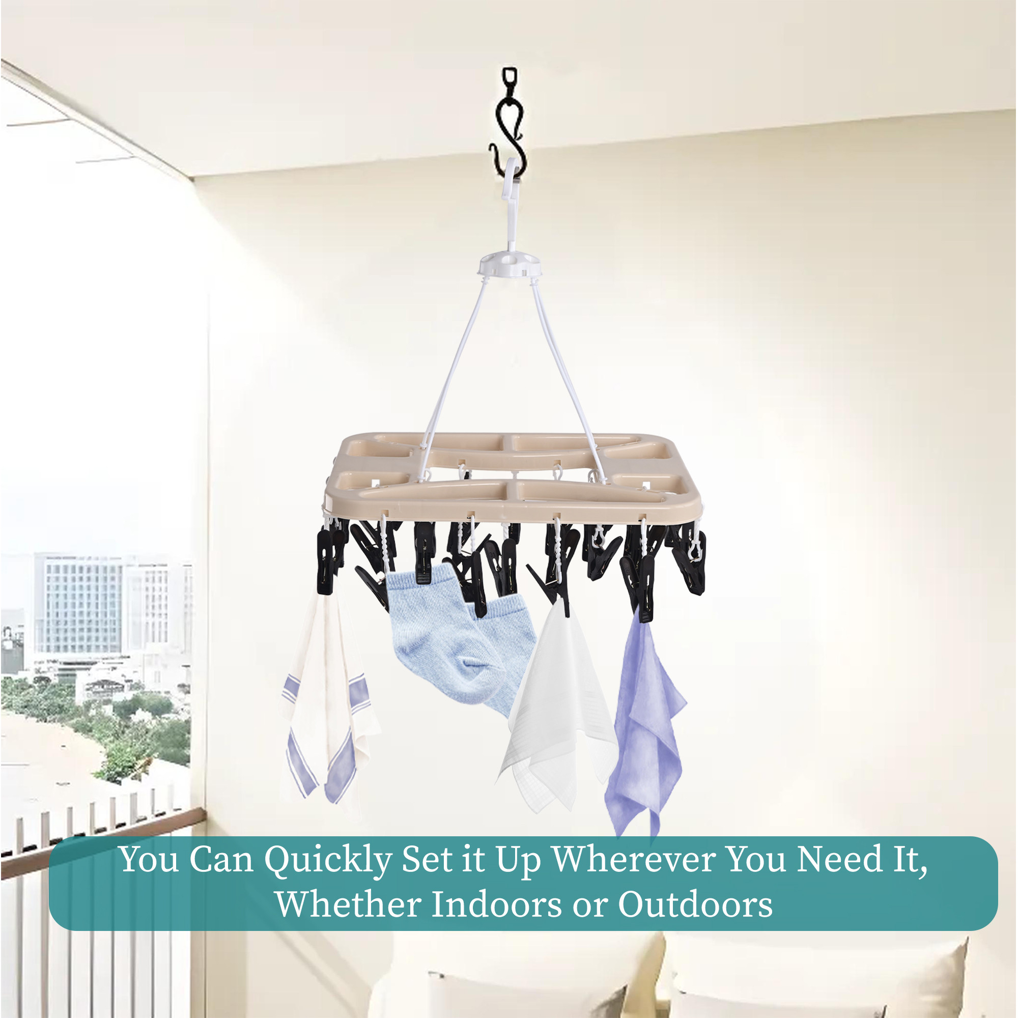 Kuber Industries Plastic Cloth Drying Hanger with Clips 28  360 Rotating  Balcony Laundry Hangers Stand for Drying Clothes Baby Cloth SocksHankerchiefs  Beige
