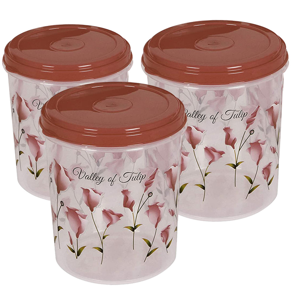 Kuber Industries Plastic Container|Container For Kitchen Storage Set|Air Tight Container|Tulip Printed 5 Litre,7 Litre,10 Litre Containers|Set of 3 (Brown)