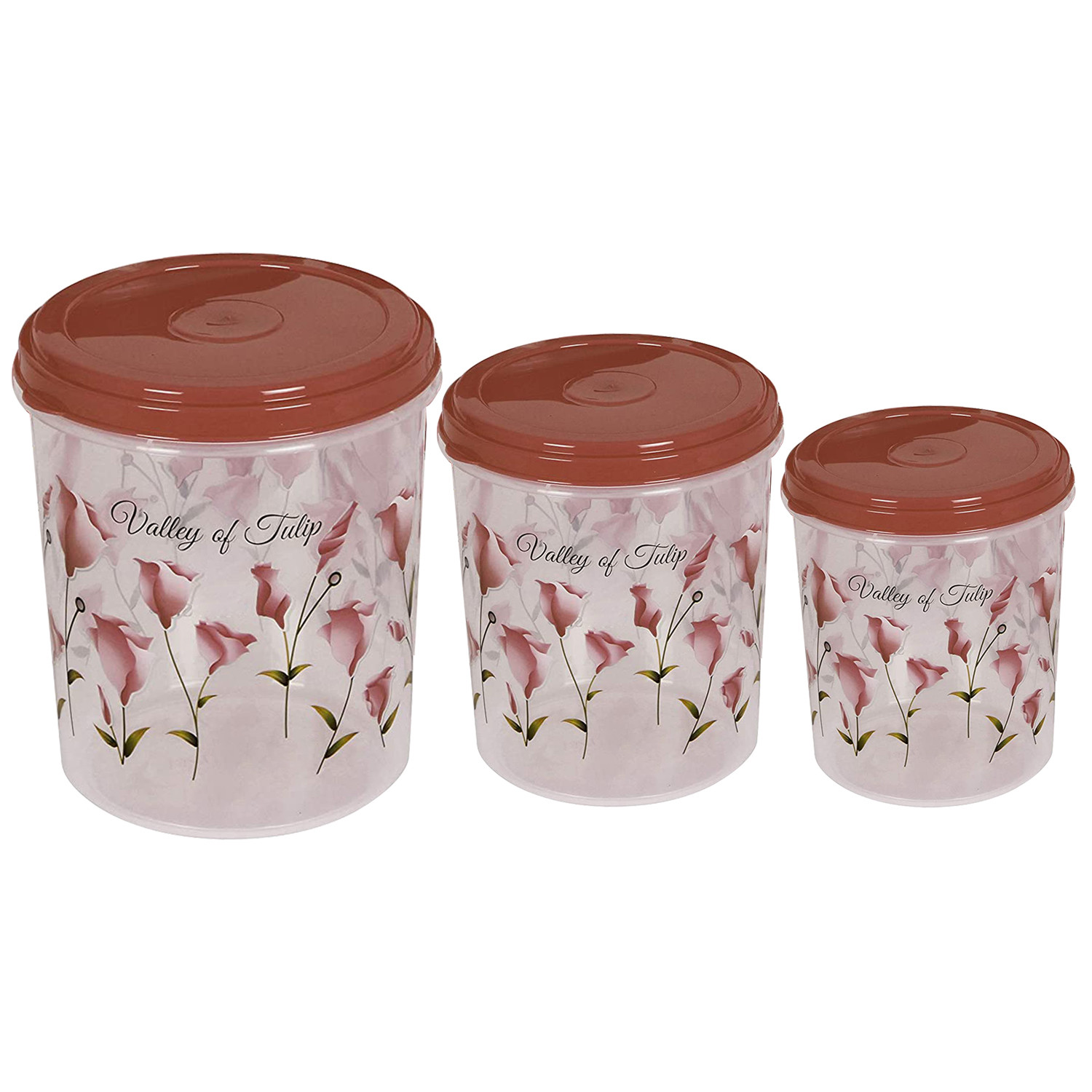 Kuber Industries Plastic Container|Container For Kitchen Storage Set|Air Tight Container|Tulip Printed 5 Litre,7 Litre,10 Litre Containers|Set of 3 (Brown)