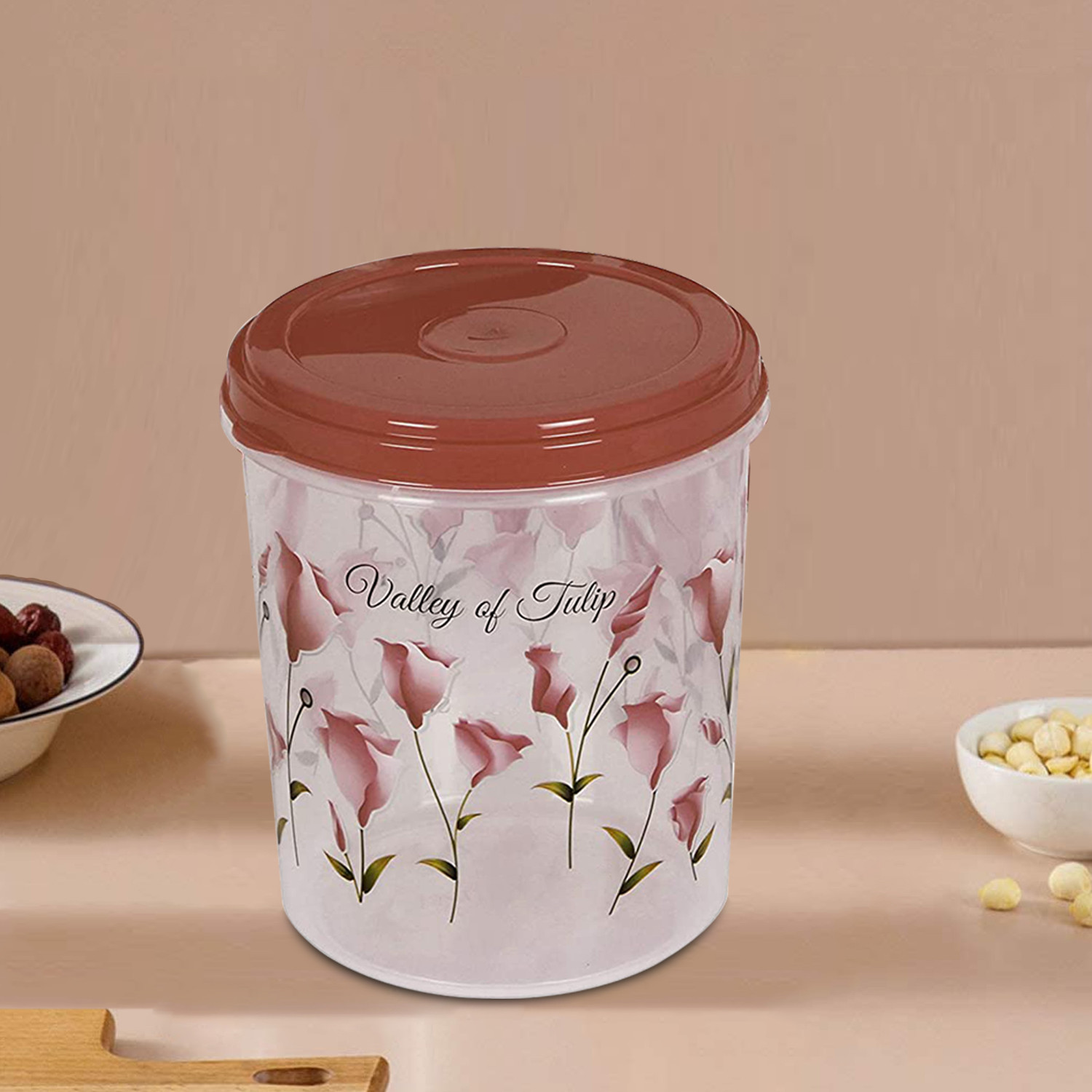 Kuber Industries Plastic Container|Container For Kitchen Storage Set|Air Tight Container|Tulip Printed 5 Litre,7 Litre,10 Litre Containers|Set of 3 (Brown)