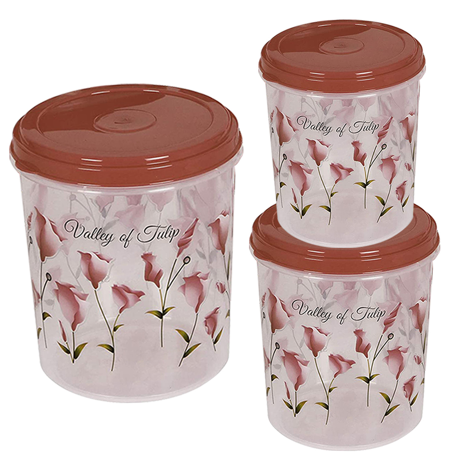 Kuber Industries Plastic Container|Container For Kitchen Storage Set|Air Tight Container|Tulip Printed 5 Litre,7 Litre,10 Litre Containers|Set of 3 (Brown)