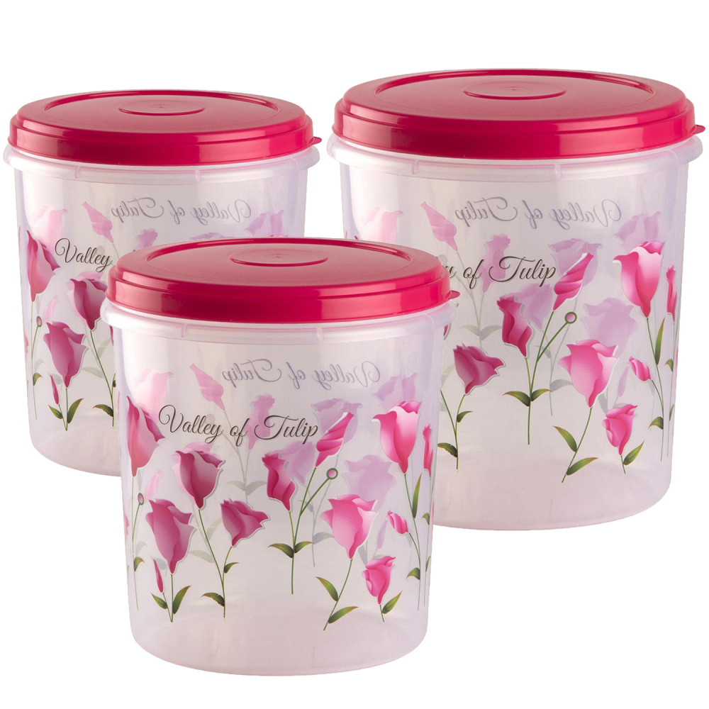 Kuber Industries Plastic Container|Container For Kitchen Storage Set|Air Tight Container|Tulip Printed 5 Litre,7 Litre,10 Litre Containers|Set of 3 (Pink)