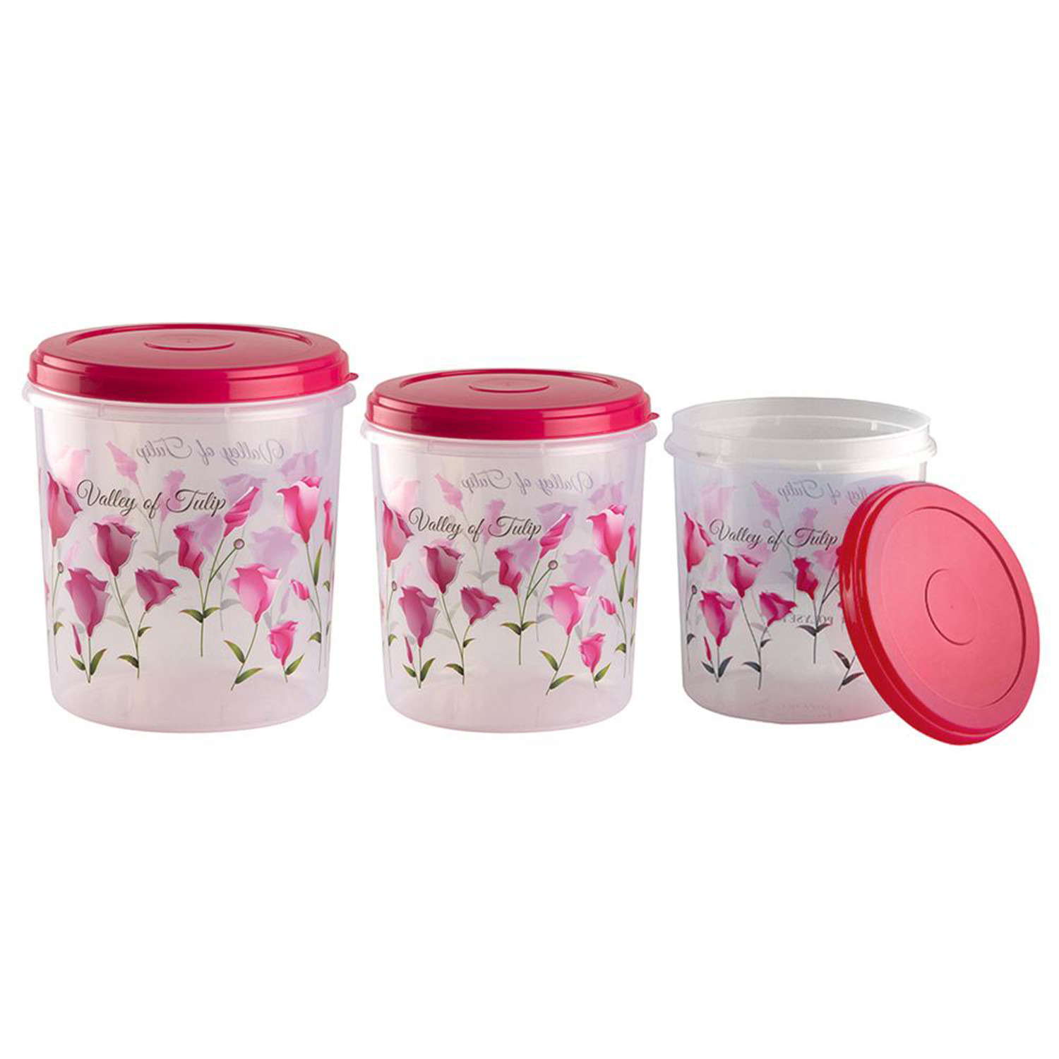 Kuber Industries Plastic Container|Container For Kitchen Storage Set|Air Tight Container|Tulip Printed 5 Litre,7 Litre,10 Litre Containers|Set of 3 (Pink)