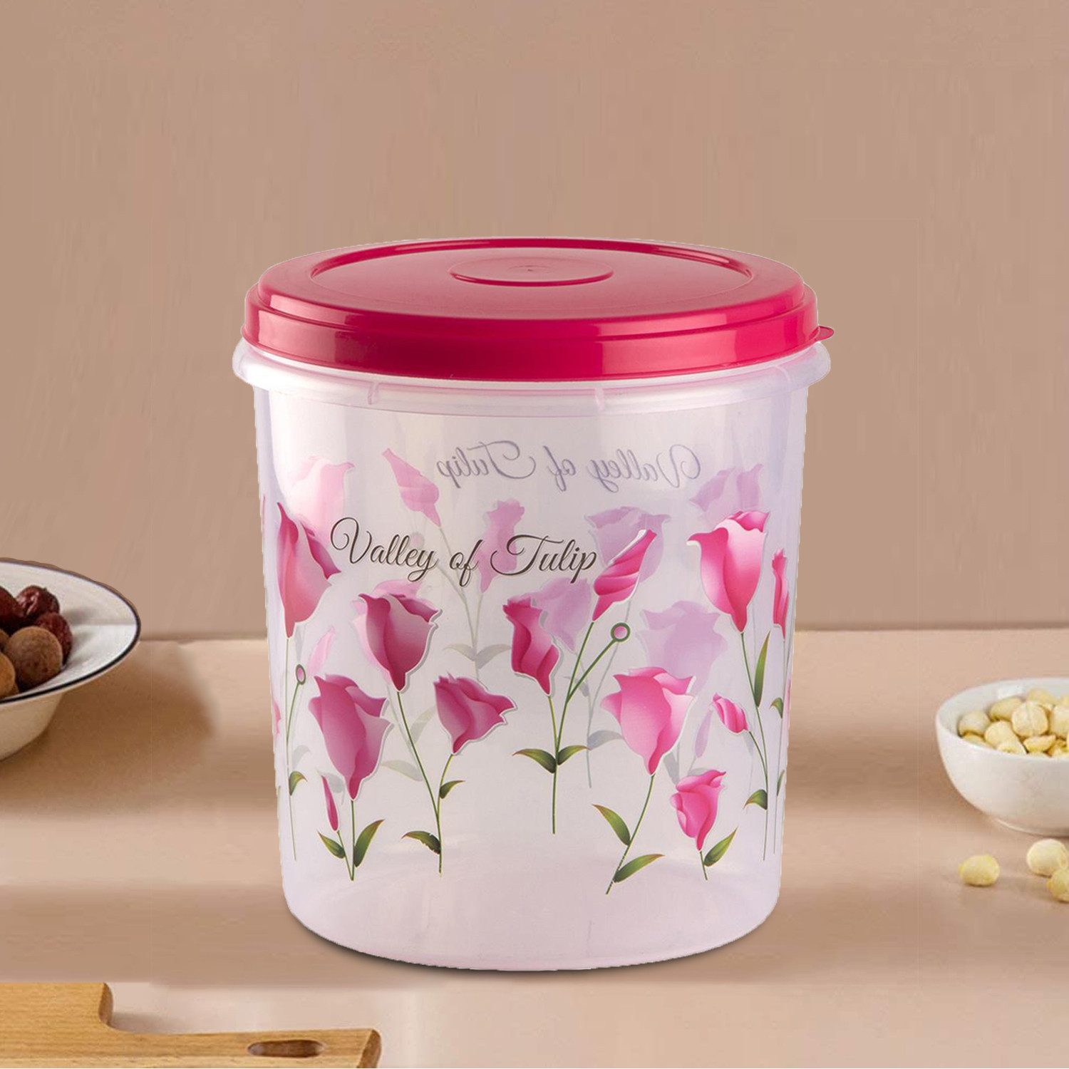 Kuber Industries Plastic Container|Container For Kitchen Storage Set|Air Tight Container|Tulip Printed 5 Litre,7 Litre,10 Litre Containers|Set of 3 (Pink)