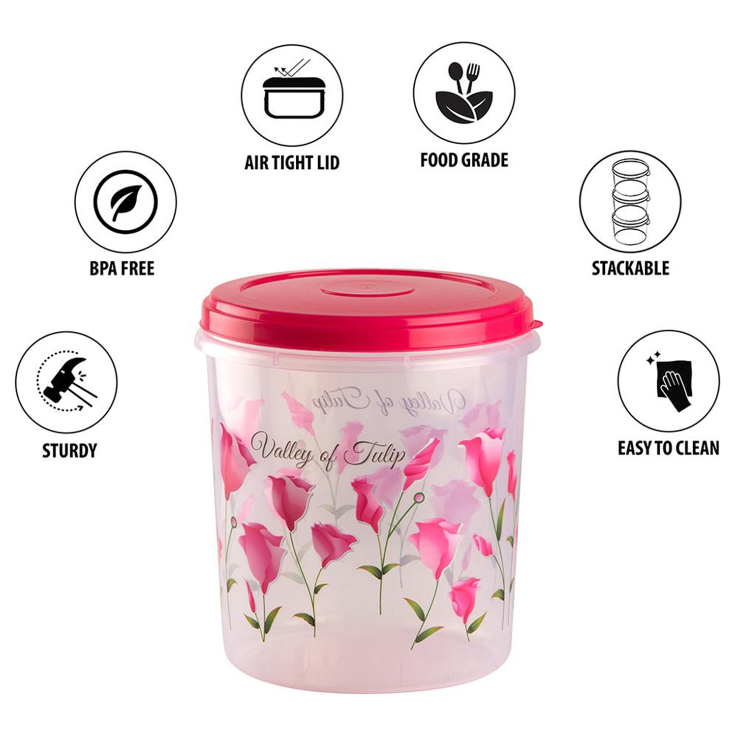 Kuber Industries Plastic Container|Container For Kitchen Storage Set|Air Tight Container|Tulip Printed 5 Litre,7 Litre,10 Litre Containers|Set of 3 (Pink)