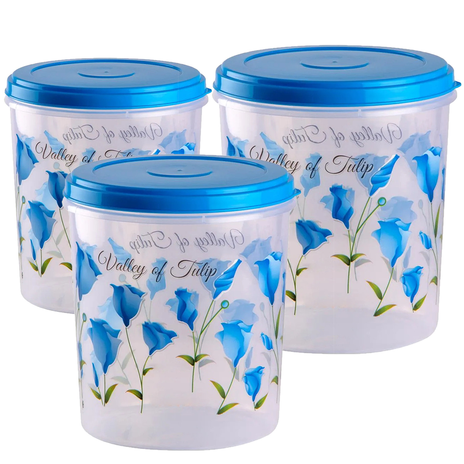 Kuber Industries Plastic Container|Container For Kitchen Storage Set|Air Tight Container|Tulip Printed 5 Litre,7 Litre,10 Litre Containers|Set of 3 (Sky Blue)