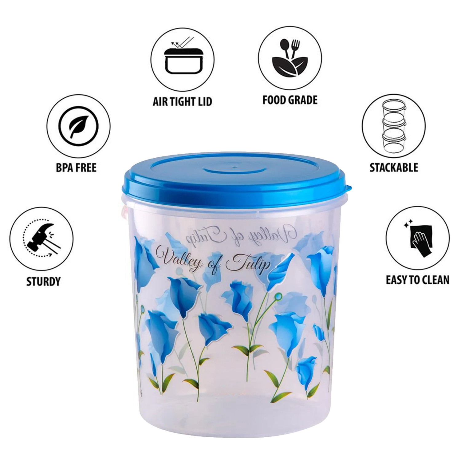 Kuber Industries Plastic Container|Container For Kitchen Storage Set|Air Tight Container|Tulip Printed 5 Litre,7 Litre,10 Litre Containers|Set of 3 (Sky Blue)