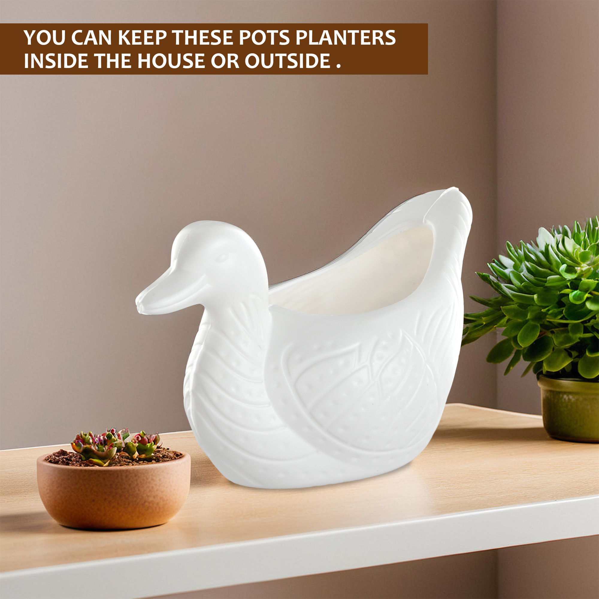 Kuber Industries Plastic Duck Shape Small Plant Pot for Home Decor and Office Desk  Decorative Table Flower Pot for Living Room  Planters Garden Decoration Items  White