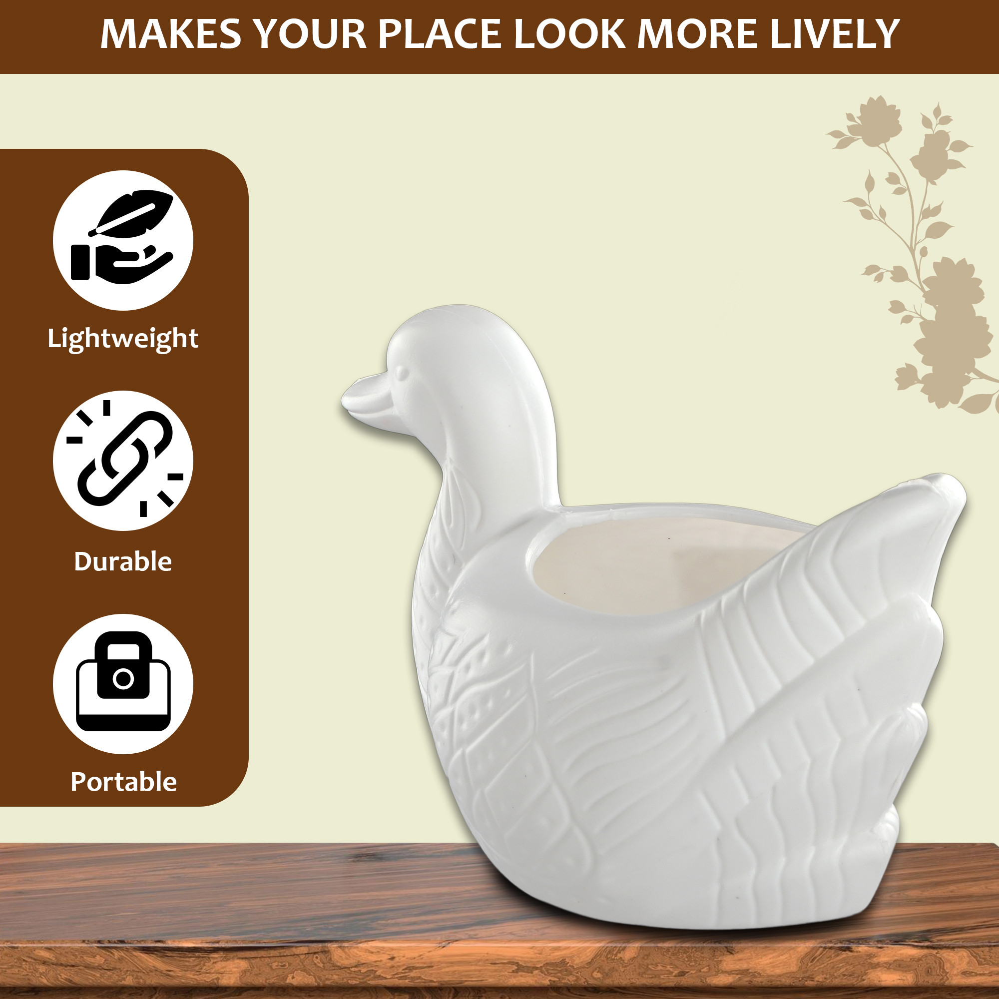 Kuber Industries Plastic Duck Shape Small Plant Pot for Home Decor and Office Desk  Decorative Table Flower Pot for Living Room  Planters Garden Decoration Items  White