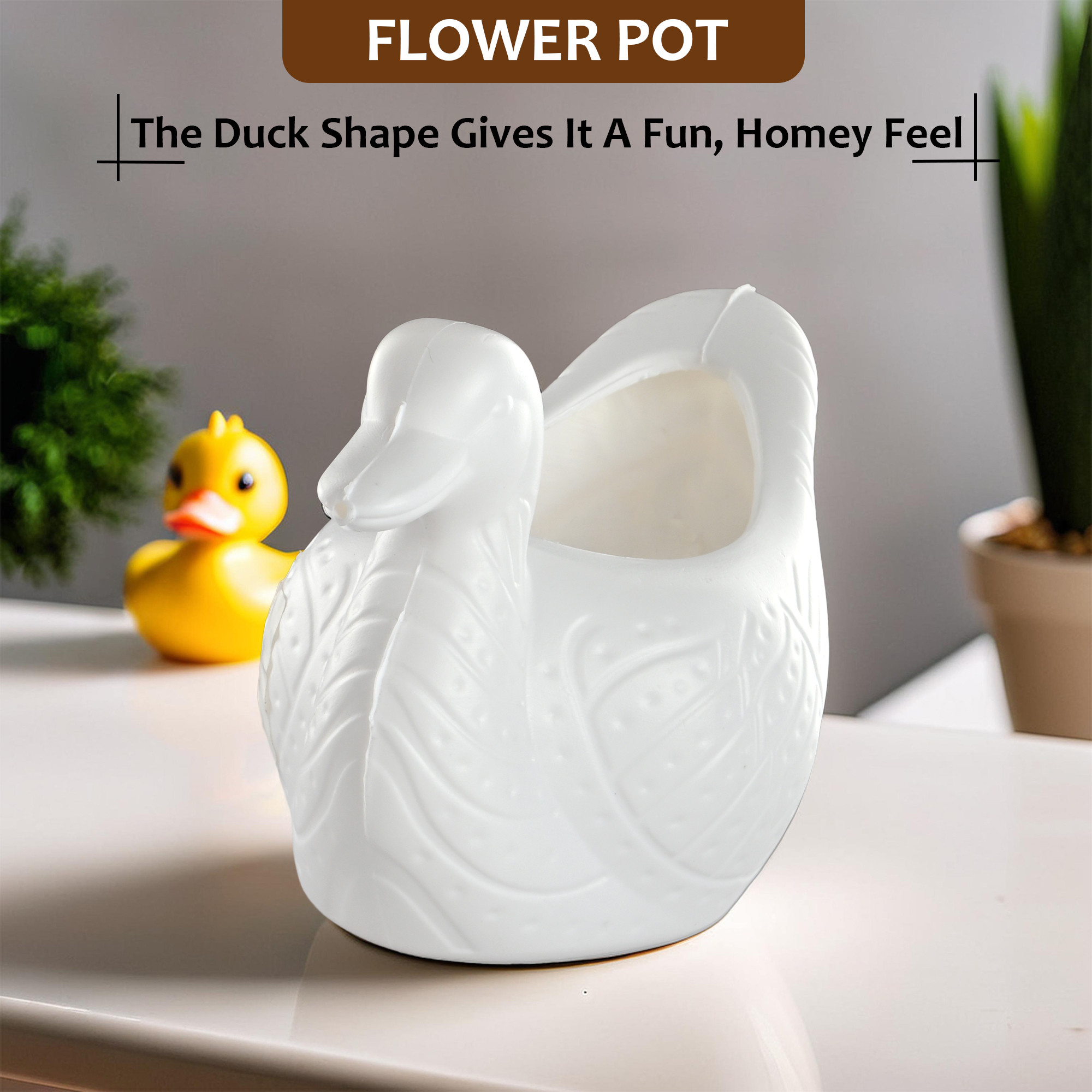 Kuber Industries Plastic Duck Shape Small Plant Pot for Home Decor and Office Desk  Decorative Table Flower Pot for Living Room  Planters Garden Decoration Items  White