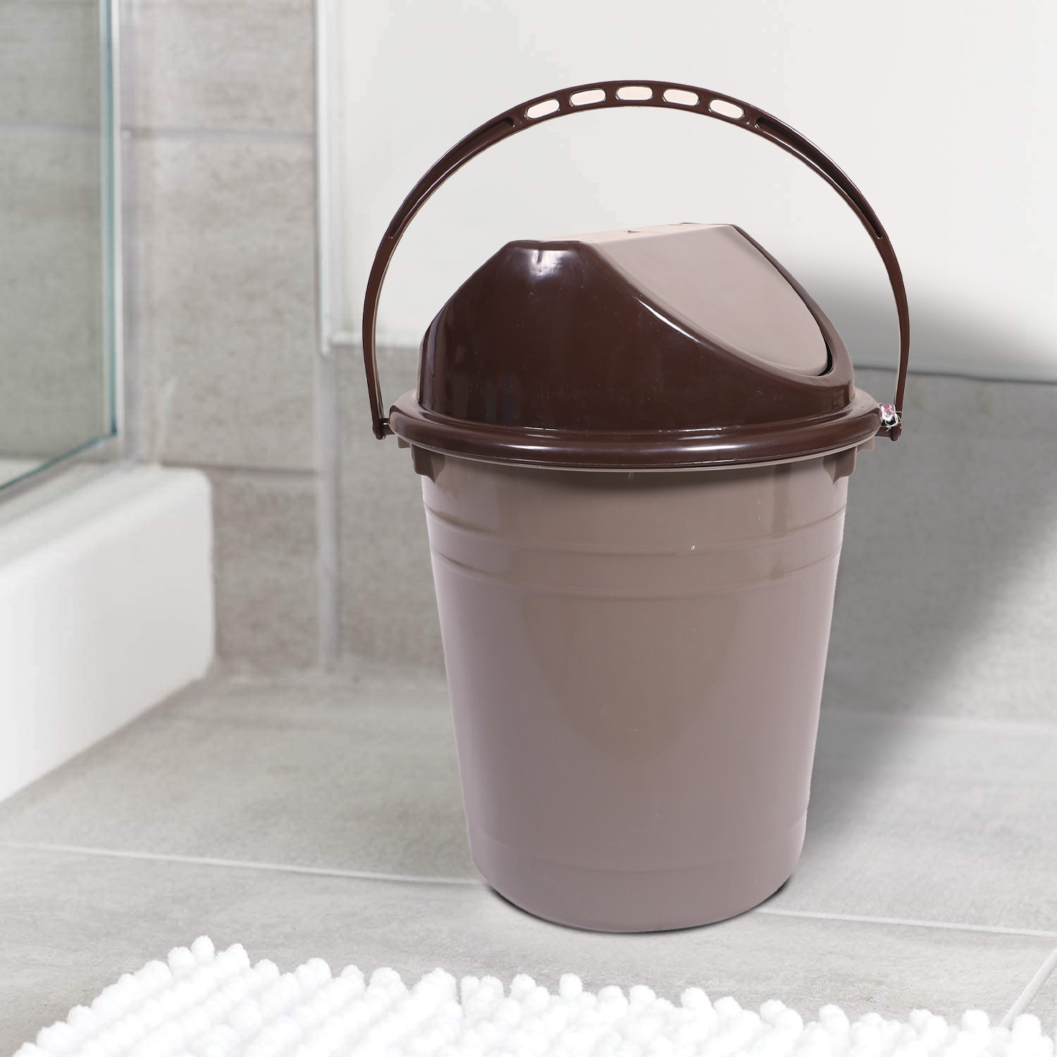 Kuber Industries Plastic Dustbin with Swinging Lid|Portable Garbage Basket & Round Trash Can for Home,Kitchen,Office,College,10 Ltr (Brown)