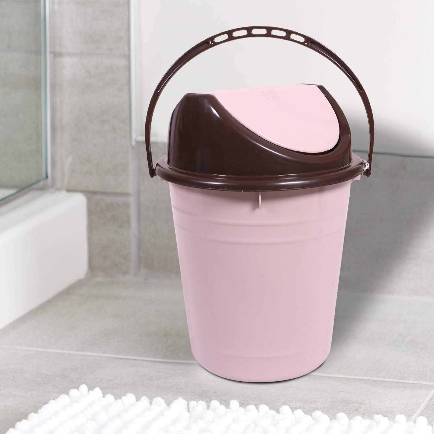 Kuber Industries Plastic Dustbin with Swinging Lid|Portable Garbage Basket & Round Trash Can for Home,Kitchen,Office,College,10 Ltr (Light Pink)