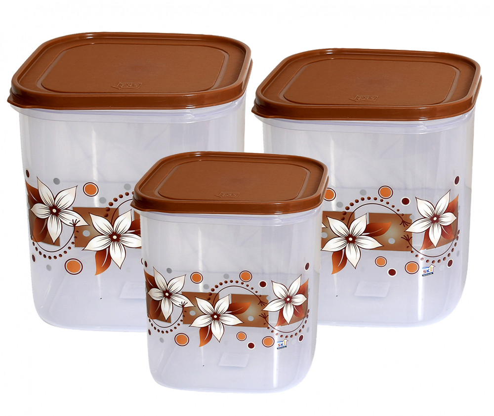 Kuber Industries Plastic Fantasy Kitchen Storage Container Set 3 Pieces 6 LTR 8 LTR 11 LTR Brown