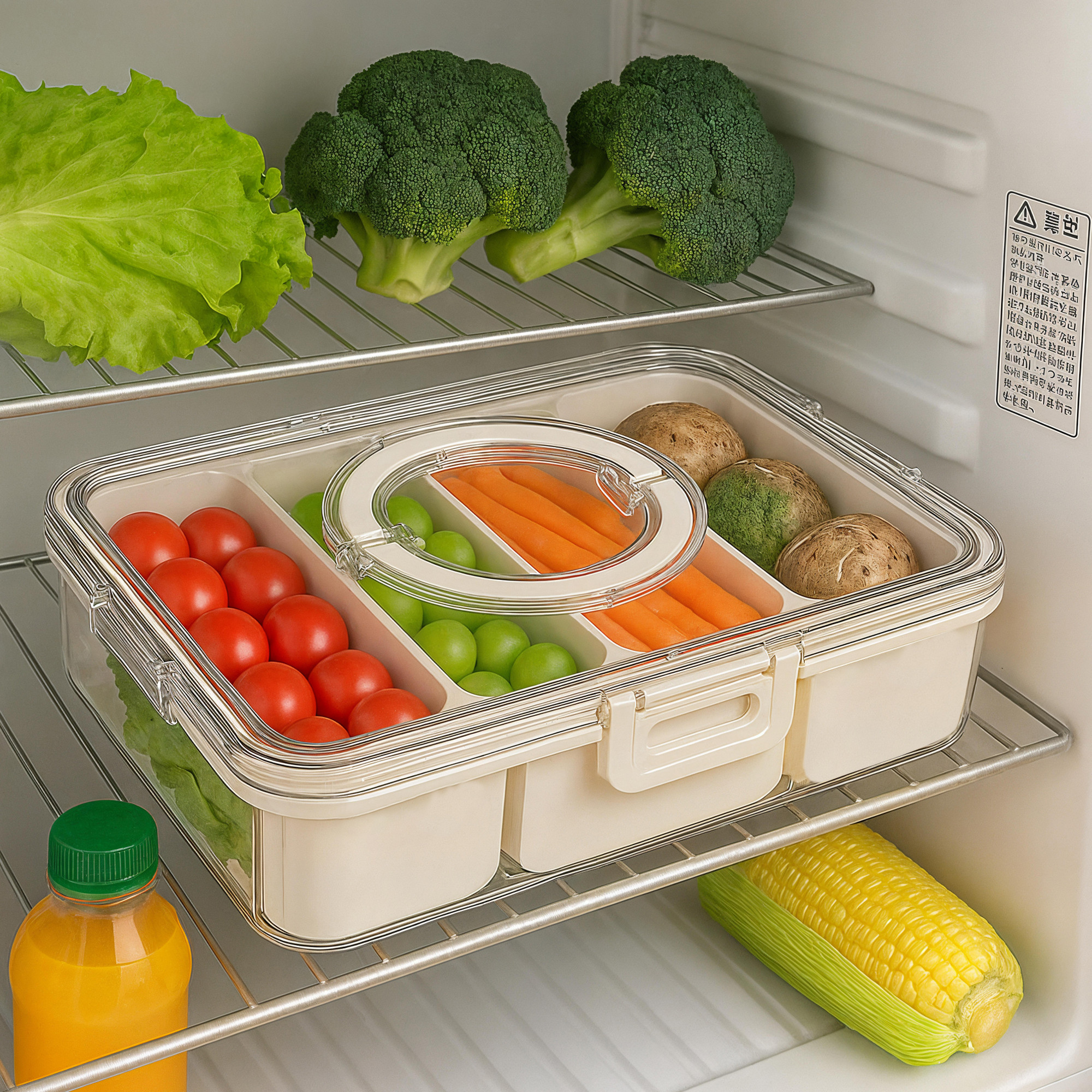 Kuber Industries Plastic Fridge Storage Containers with 4 Removable Boxes Lid  Handle  Airtight Fridge Organiser Storage Boxes for Vegetables Fruits and Food  Transparent - White