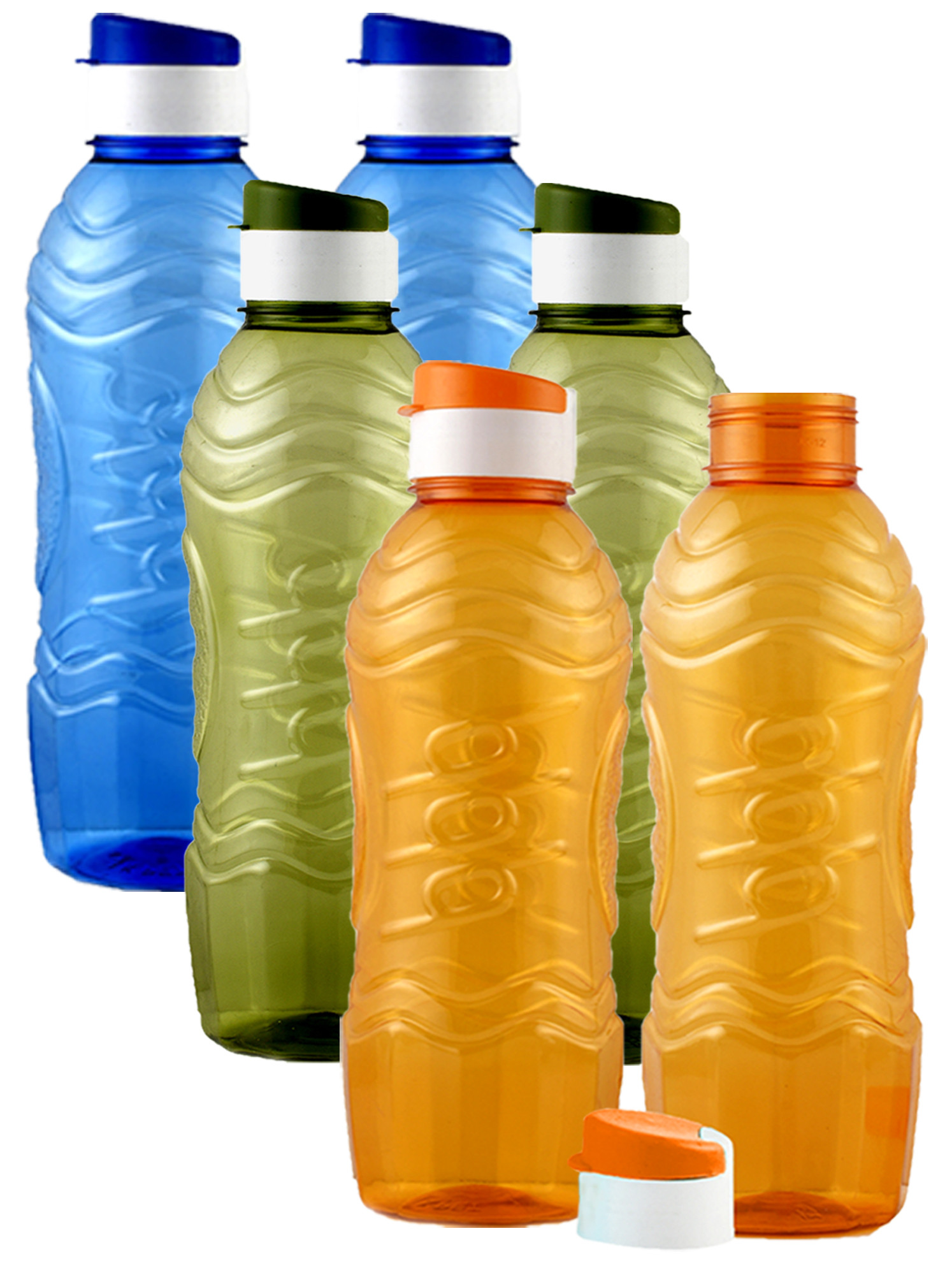 Kuber Industries Plastic Fridge Water Bottle Set with Flip Cap (1000ml, Blue & Green & Orange)-KUBMART1522