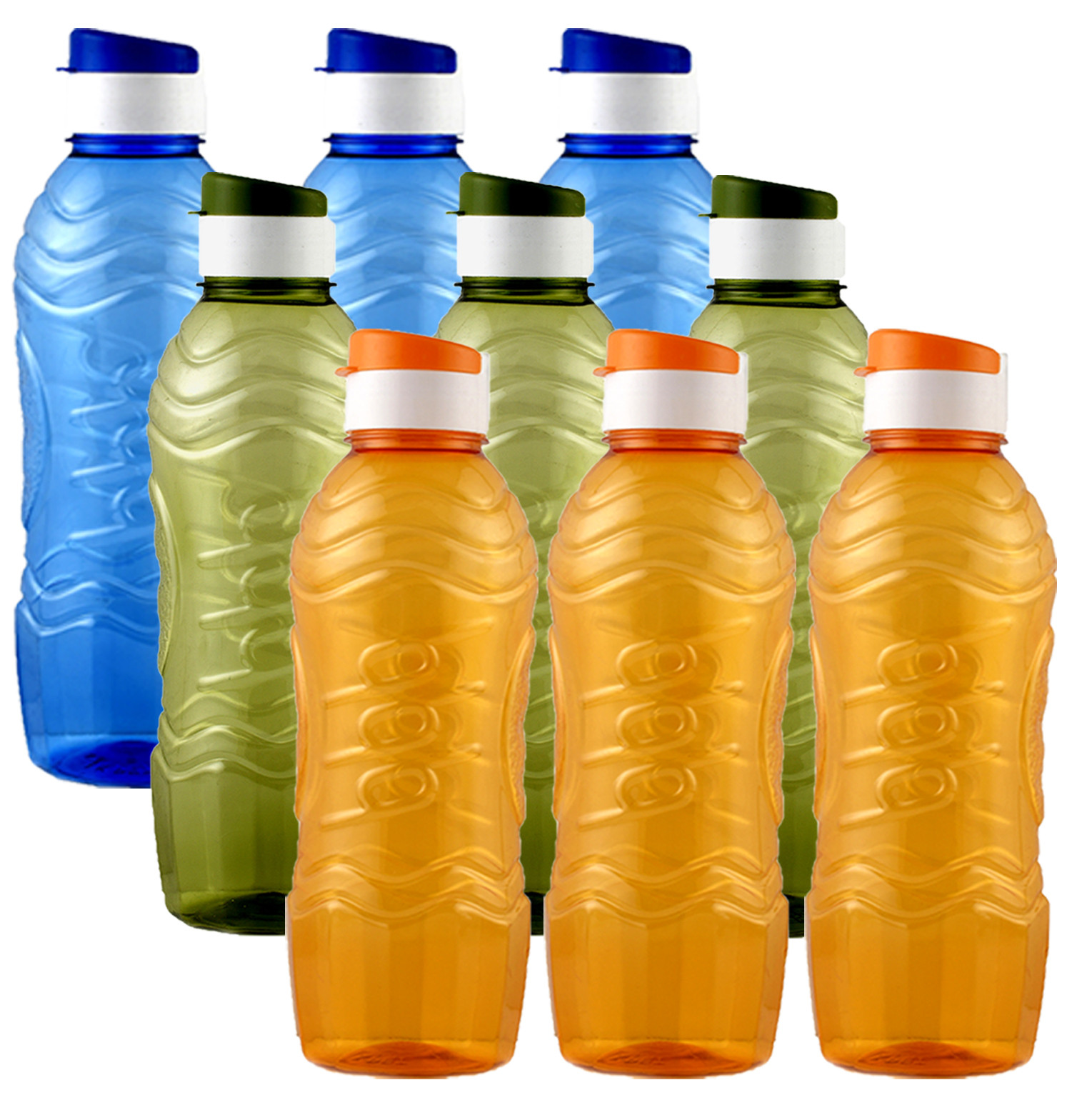 Kuber Industries Plastic Fridge Water Bottle Set with Flip Cap (1000ml, Blue & Green & Orange)-KUBMART1522