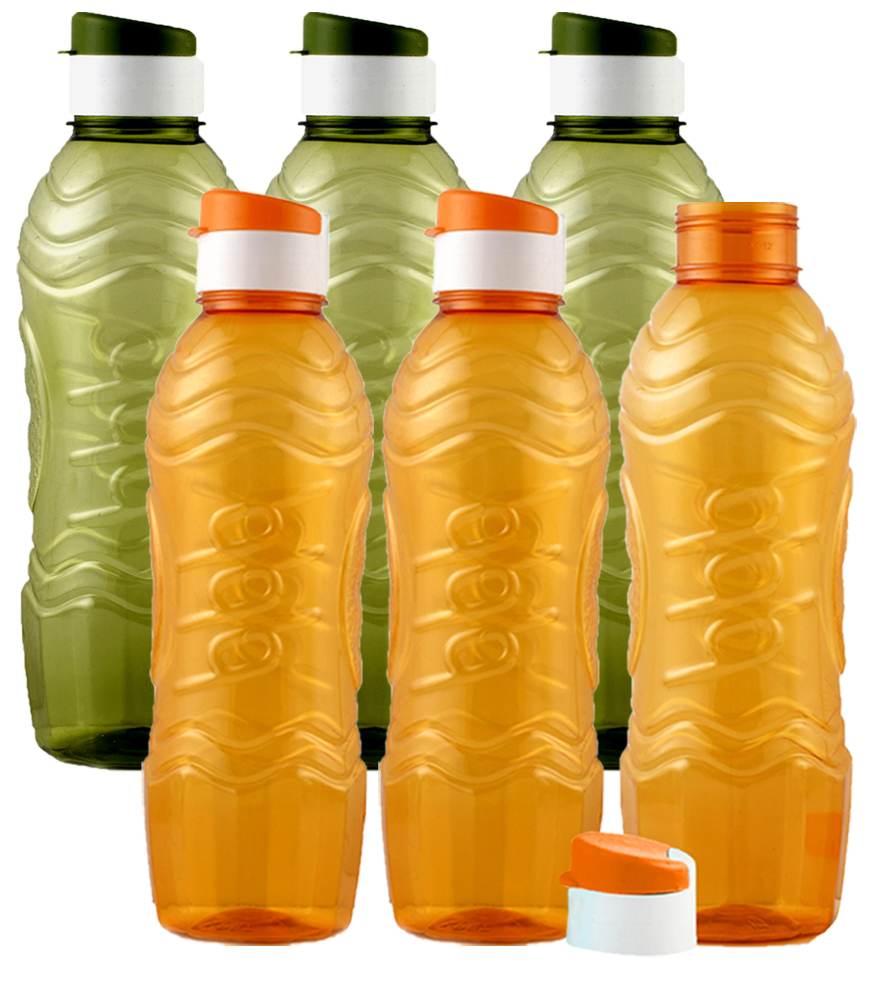Kuber Industries Plastic Fridge Water Bottle Set with Flip Cap (1000ml, Green & Orange)-KUBMART1462