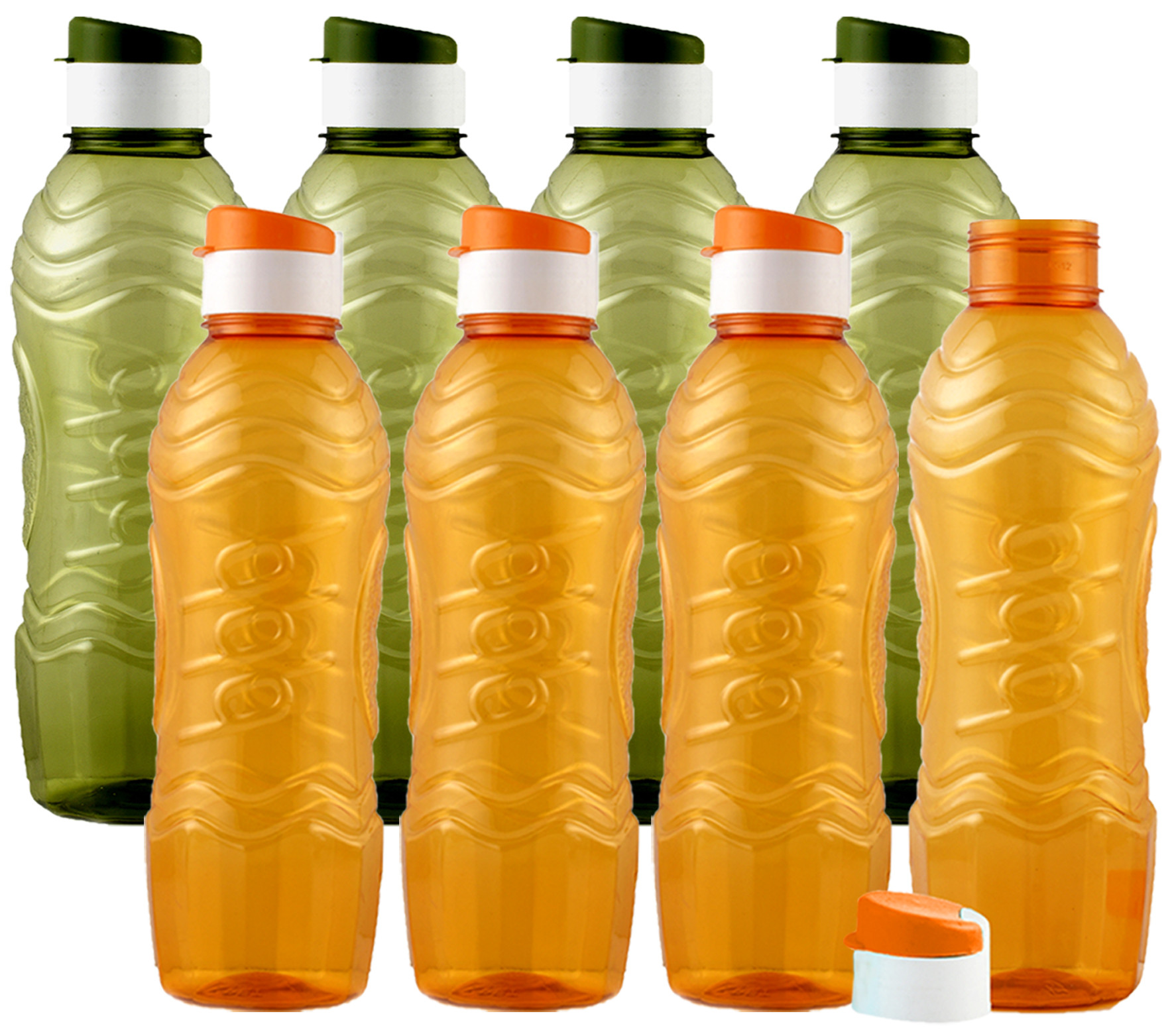 Kuber Industries Plastic Fridge Water Bottle Set with Flip Cap (1000ml, Green & Orange)-KUBMART1462