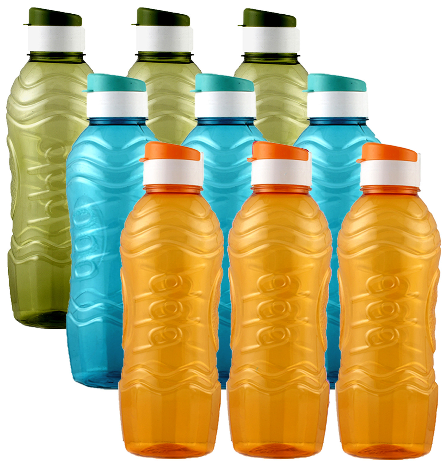 Kuber Industries Plastic Fridge Water Bottle Set with Flip Cap (1000ml, Green & Sky Blue & Orange)-KUBMART1540