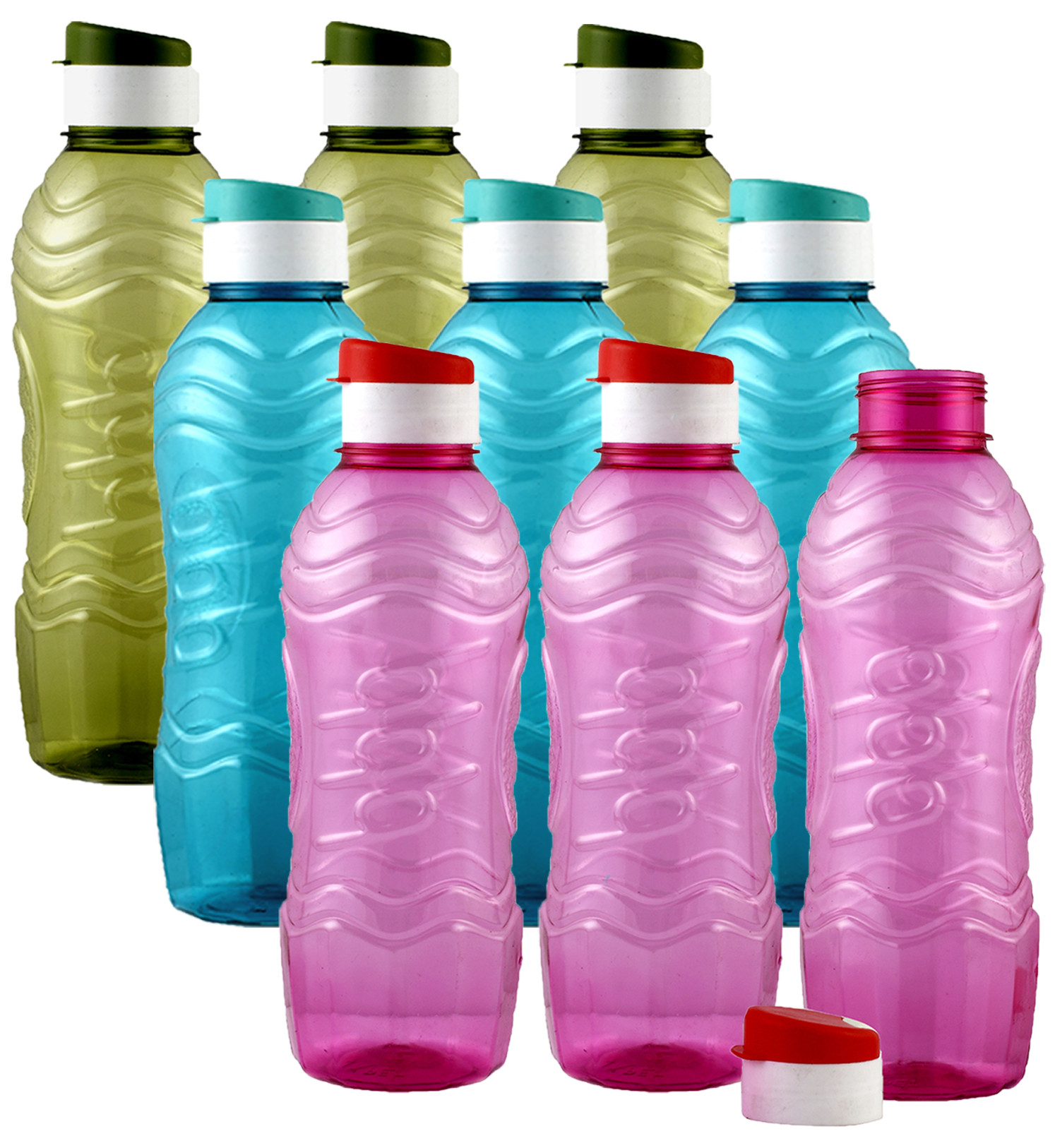 Kuber Industries Plastic Fridge Water Bottle Set with Flip Cap (1000ml, Green & Sky Blue & Pink)-KUBMART1534