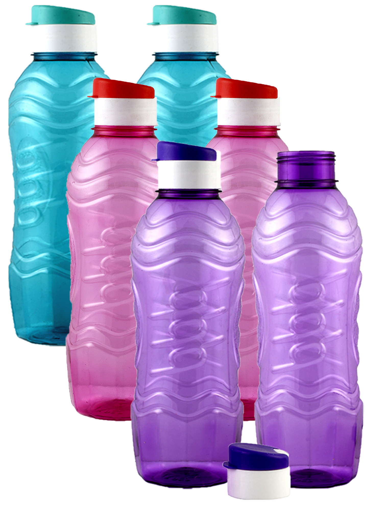 Kuber Industries Plastic Fridge Water Bottle Set with Flip Cap (1000ml, Sky Blue & Pink & Purple)-KUBMART1558