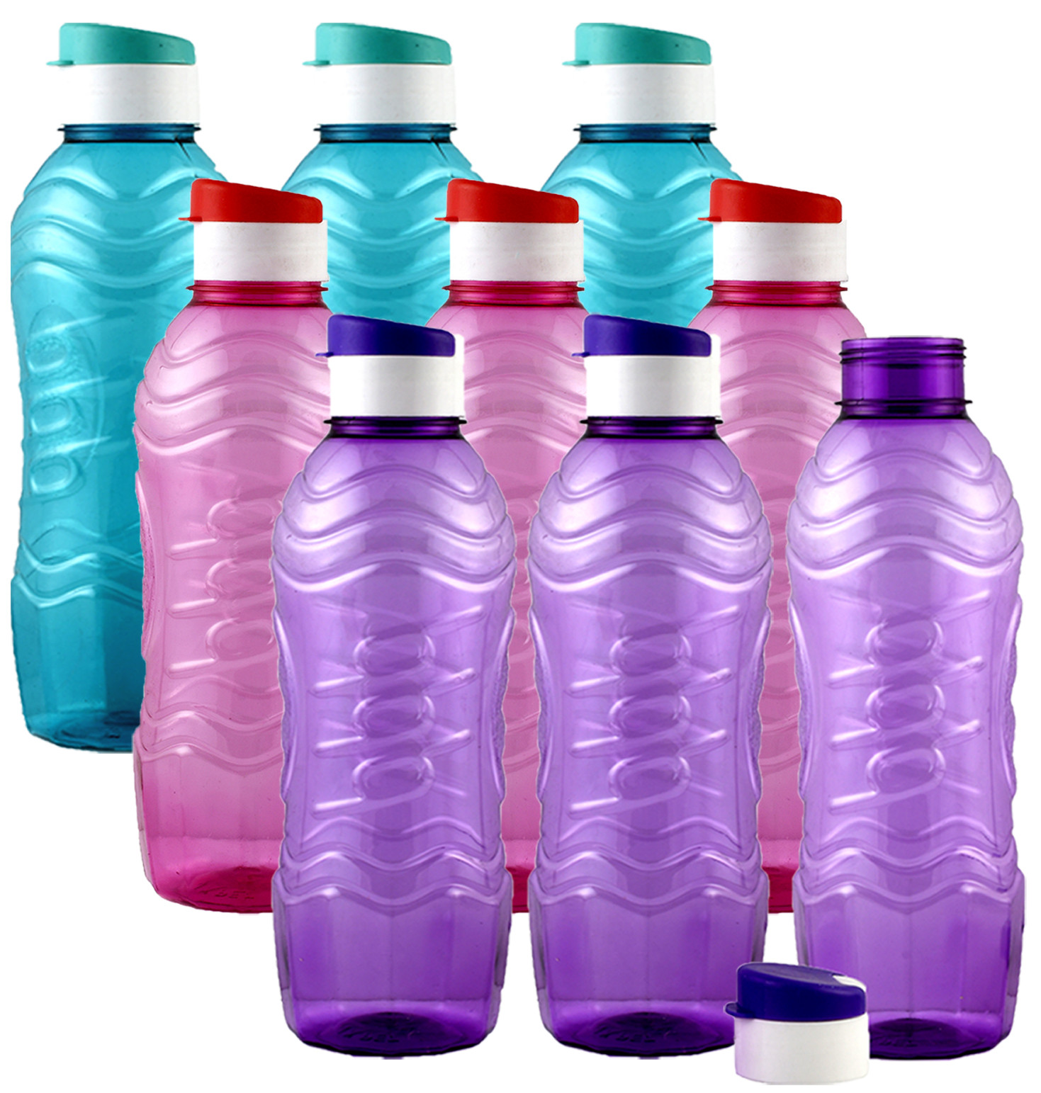 Kuber Industries Plastic Fridge Water Bottle Set with Flip Cap (1000ml, Sky Blue & Pink & Purple)-KUBMART1558