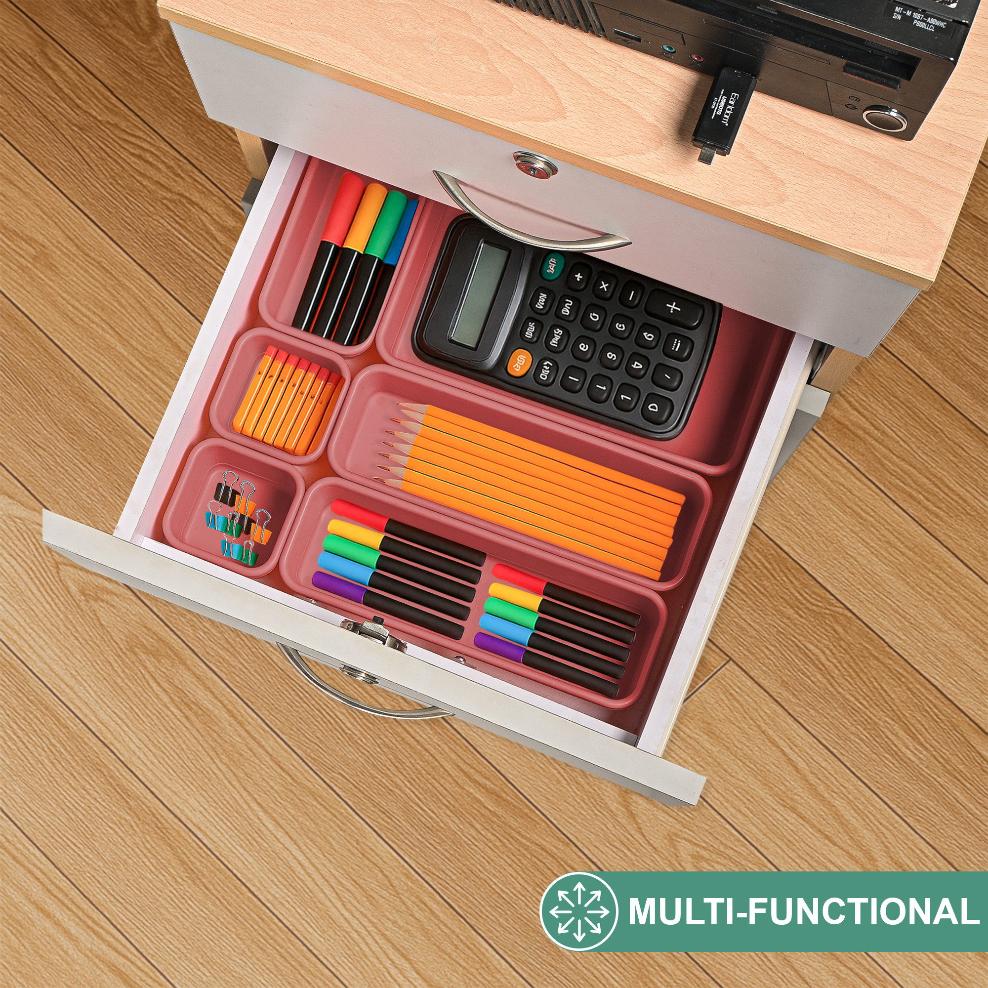 Kuber Industries Plastic Interlocking Desk Drawer Organizer Trays for Home and Office  Cutlery Tray for Kitchen Drawers Organisers  Vanity Makeup and Dressing Table Organiser  Dark Pink