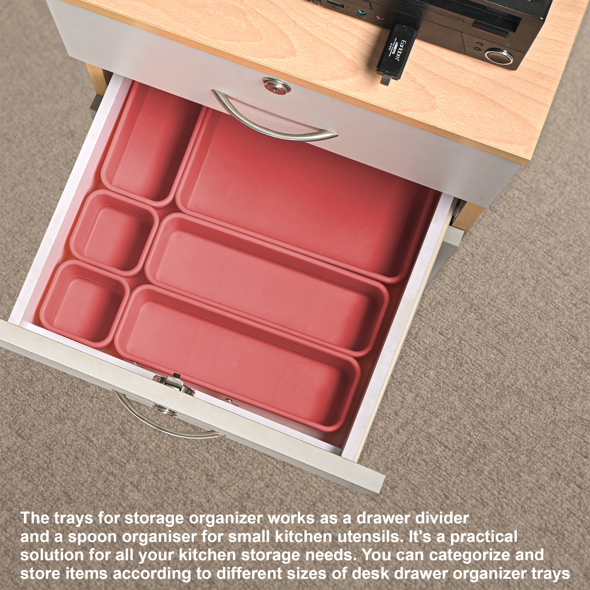Kuber Industries Plastic Interlocking Desk Drawer Organizer Trays for Home and Office  Cutlery Tray for Kitchen Drawers Organisers  Vanity Makeup and Dressing Table Organiser  Dark Pink