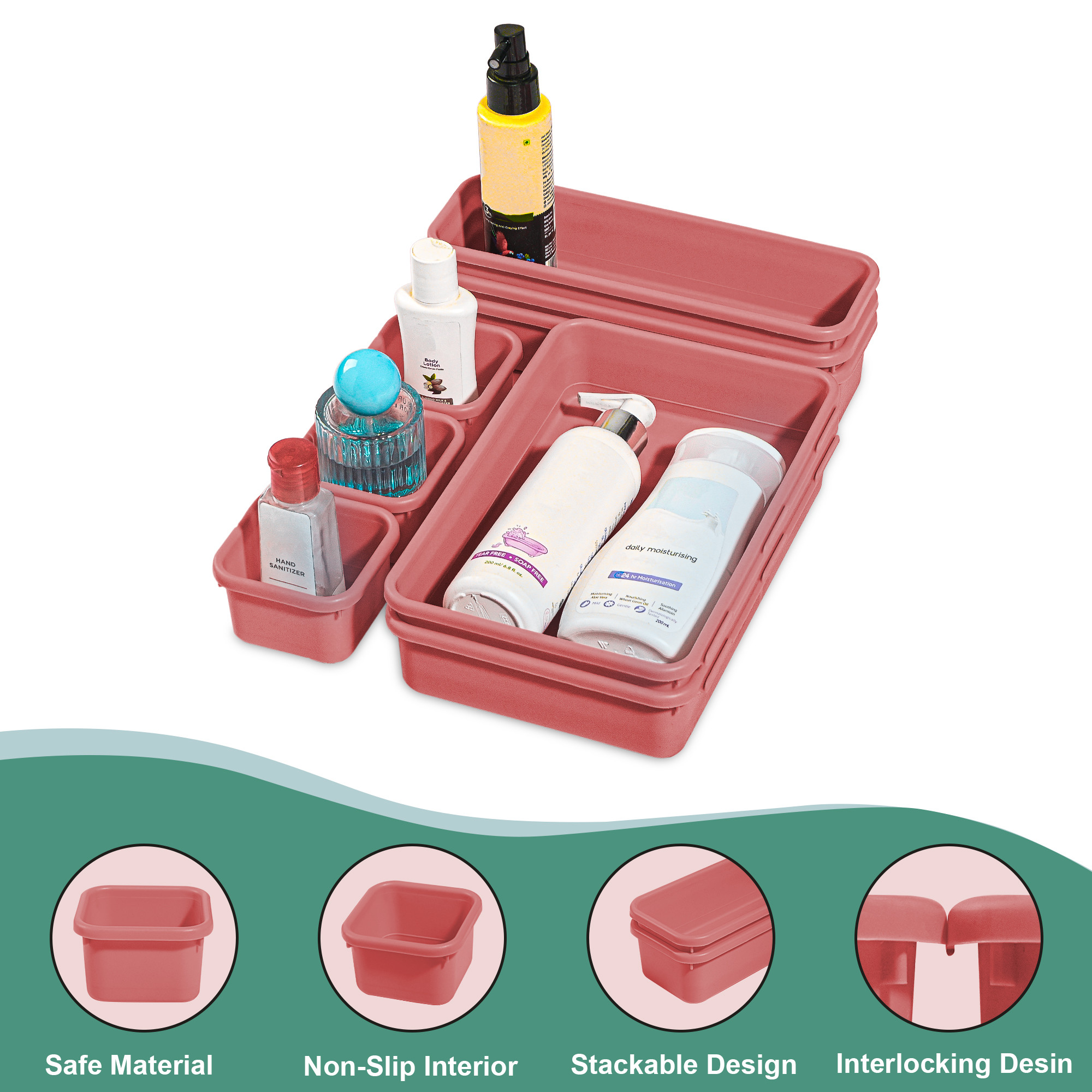 Kuber Industries Plastic Interlocking Desk Drawer Organizer Trays for Home and Office  Cutlery Tray for Kitchen Drawers Organisers  Vanity Makeup and Dressing Table Organiser  Dark Pink