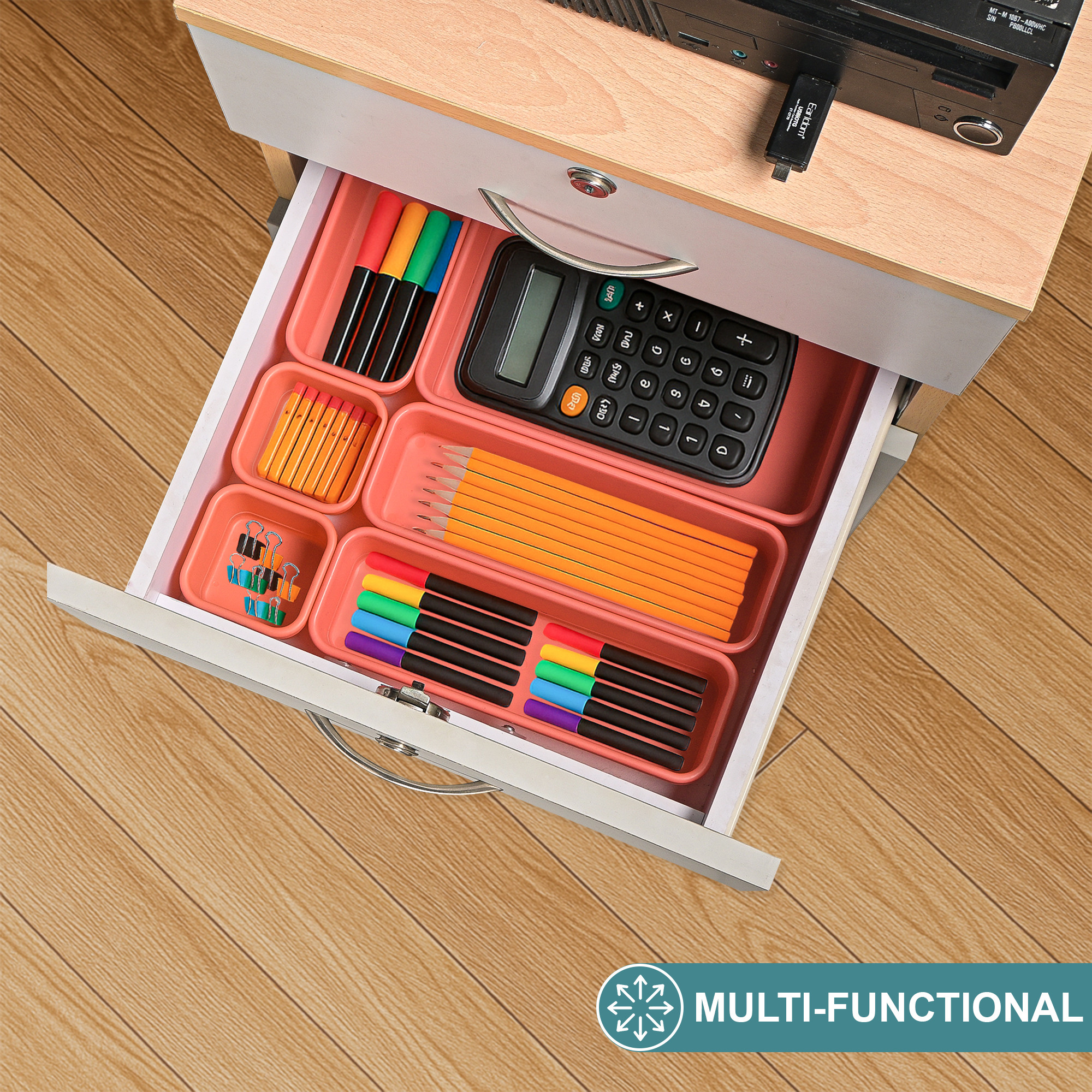 Kuber Industries Plastic Interlocking Desk Drawer Organizer Trays for Home and Office  Cutlery Tray for Kitchen Drawers Organisers  Vanity Makeup and Dressing Table Organiser  Light Pink