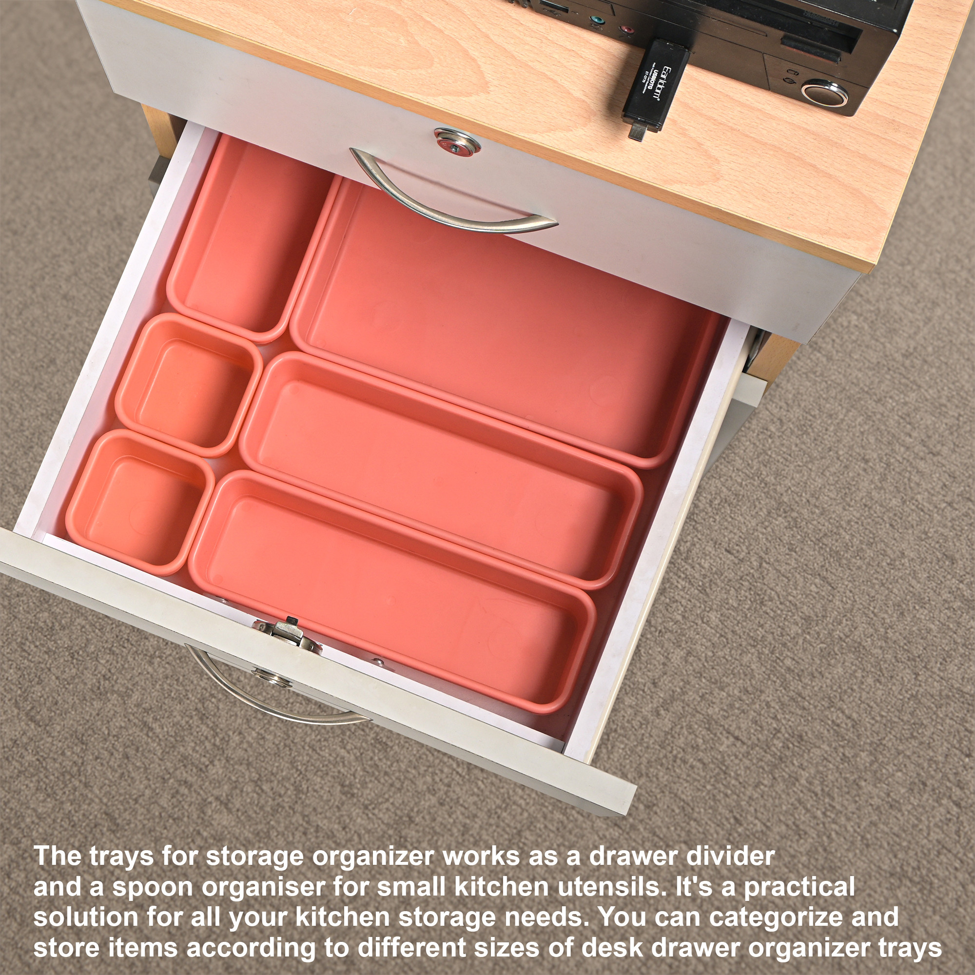 Kuber Industries Plastic Interlocking Desk Drawer Organizer Trays for Home and Office  Cutlery Tray for Kitchen Drawers Organisers  Vanity Makeup and Dressing Table Organiser  Light Pink