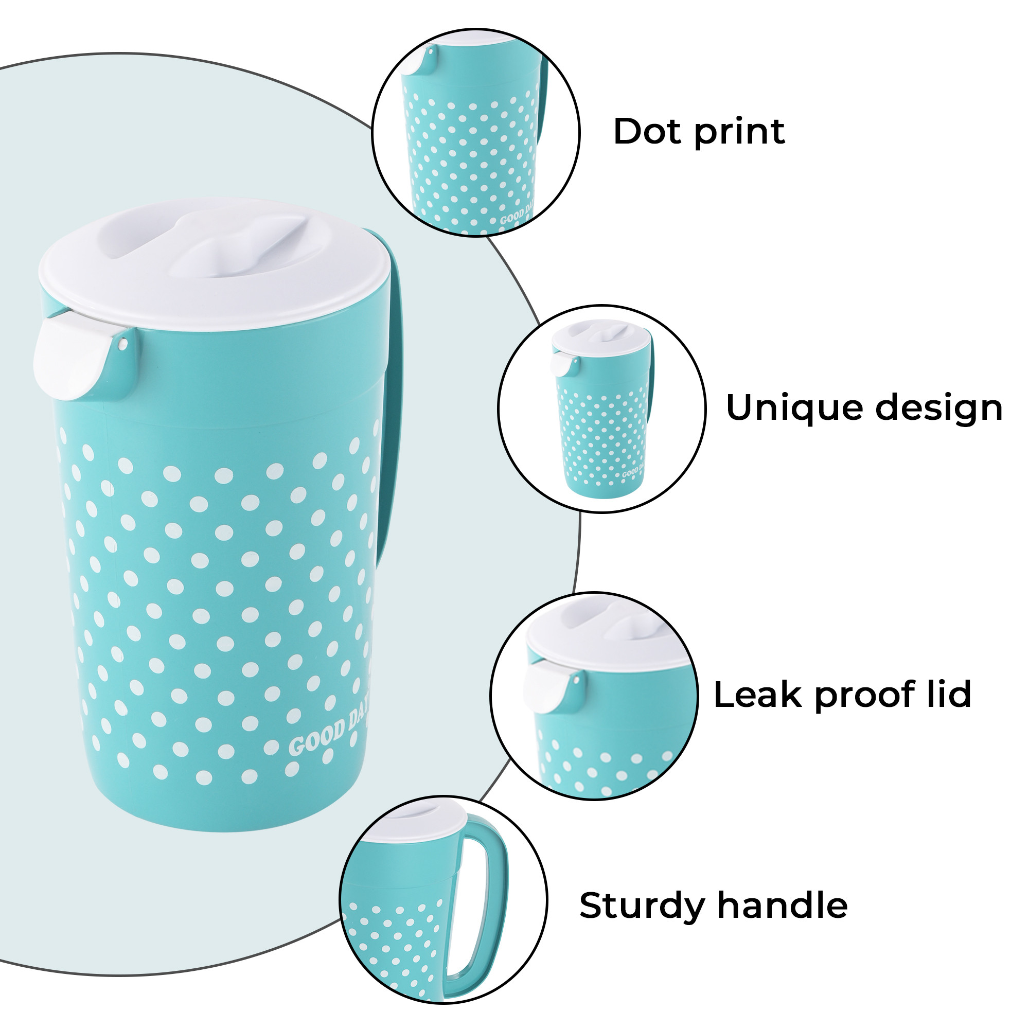 Kuber Industries Plastic Jug for Kitchen  2 Ltr  Multipurpose Jug for Water Milk  Juice  Perfect for Daily Use in Kitchen Home Office  Events  Polka Dot Print - Green