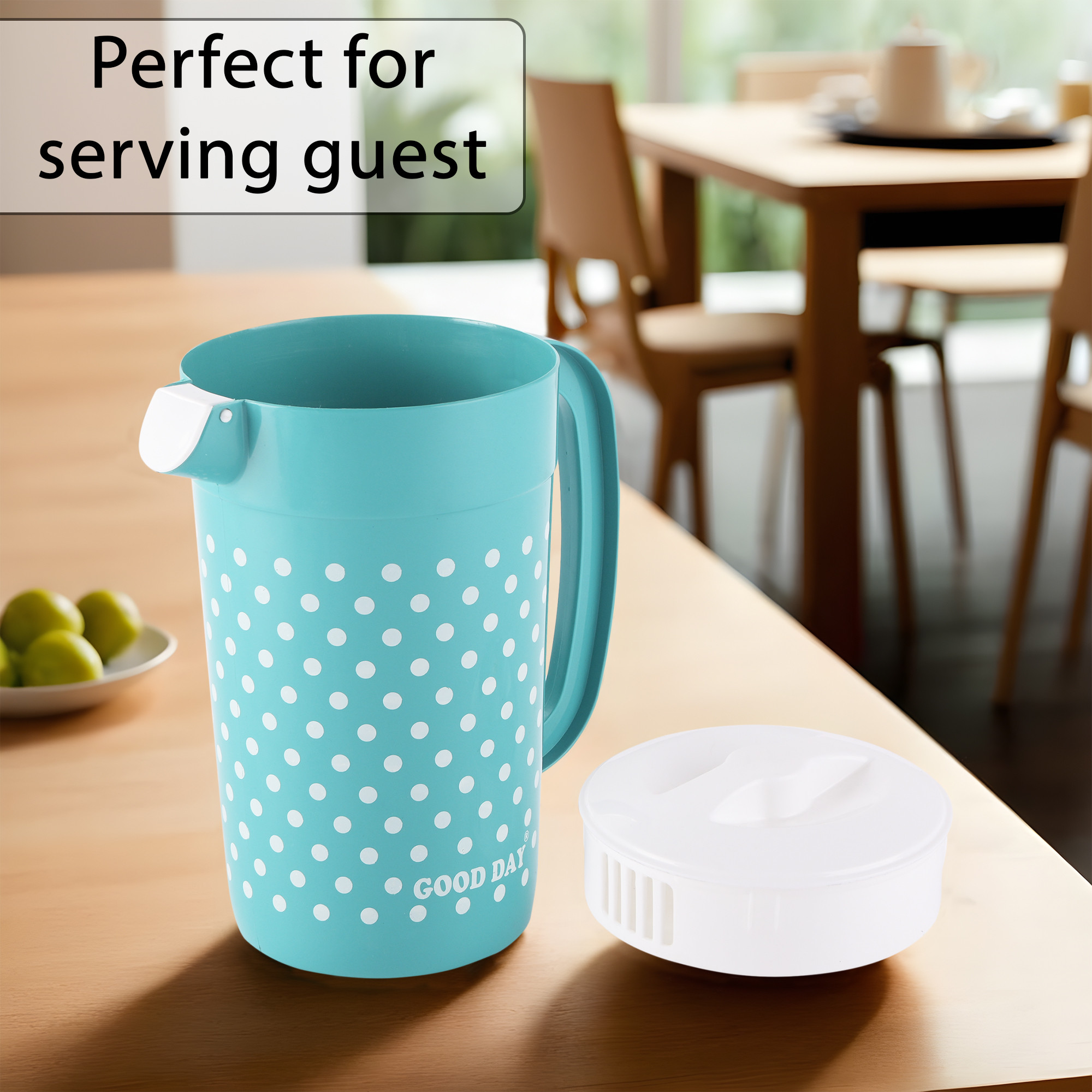 Kuber Industries Plastic Jug for Kitchen  2 Ltr  Multipurpose Jug for Water Milk  Juice  Perfect for Daily Use in Kitchen Home Office  Events  Polka Dot Print - Green